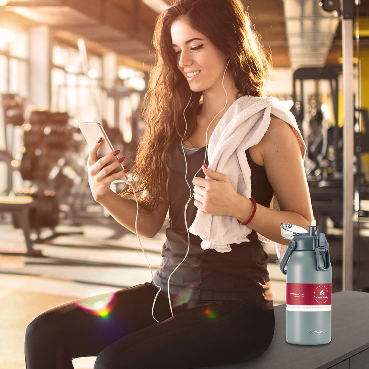 Costway 44oz Vacuum Insulated Stainless Steel Sports Water Bottle Leakproof Flask