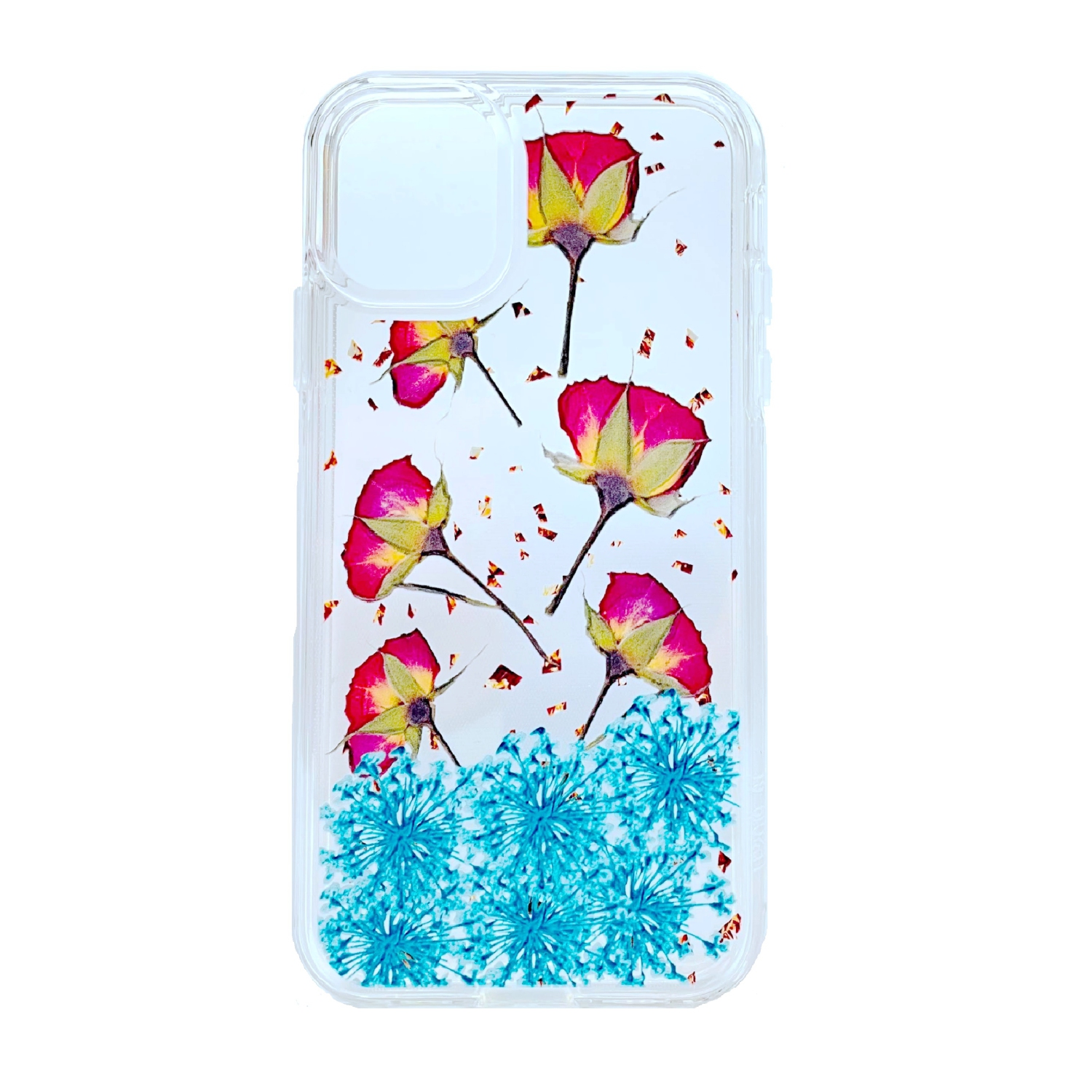 TopSave Dual Layer Transparent Hard PC Back w/ TPU Bumper+Embossing Flower Design Cover Phone Case for iPhone 11(6.1), Blue02