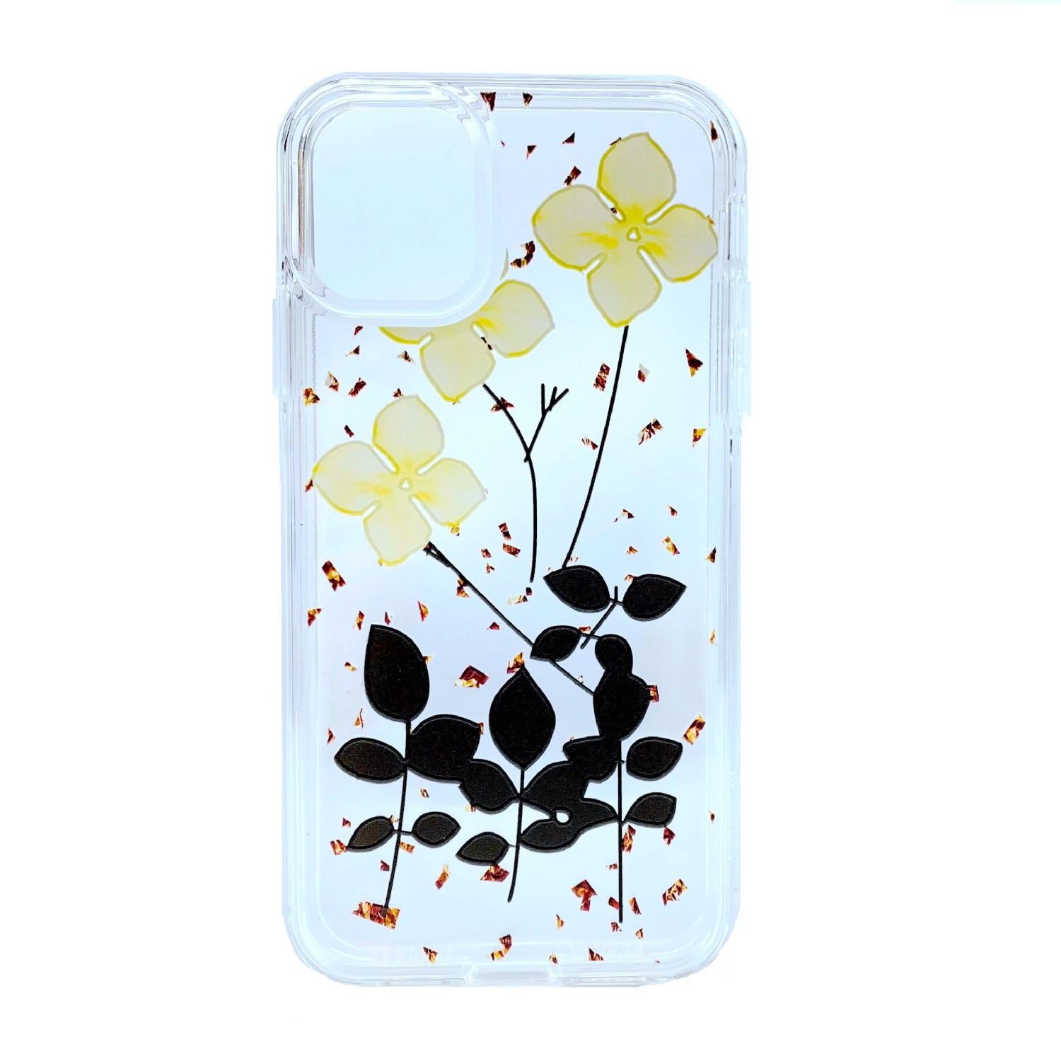 TopSave Dual Layer Transparent Hard PC Back w/ TPU Bumper+Embossing Flower Design Cover Phone Case for iPhone 12 Pro Max 6.7", Black/Yellow