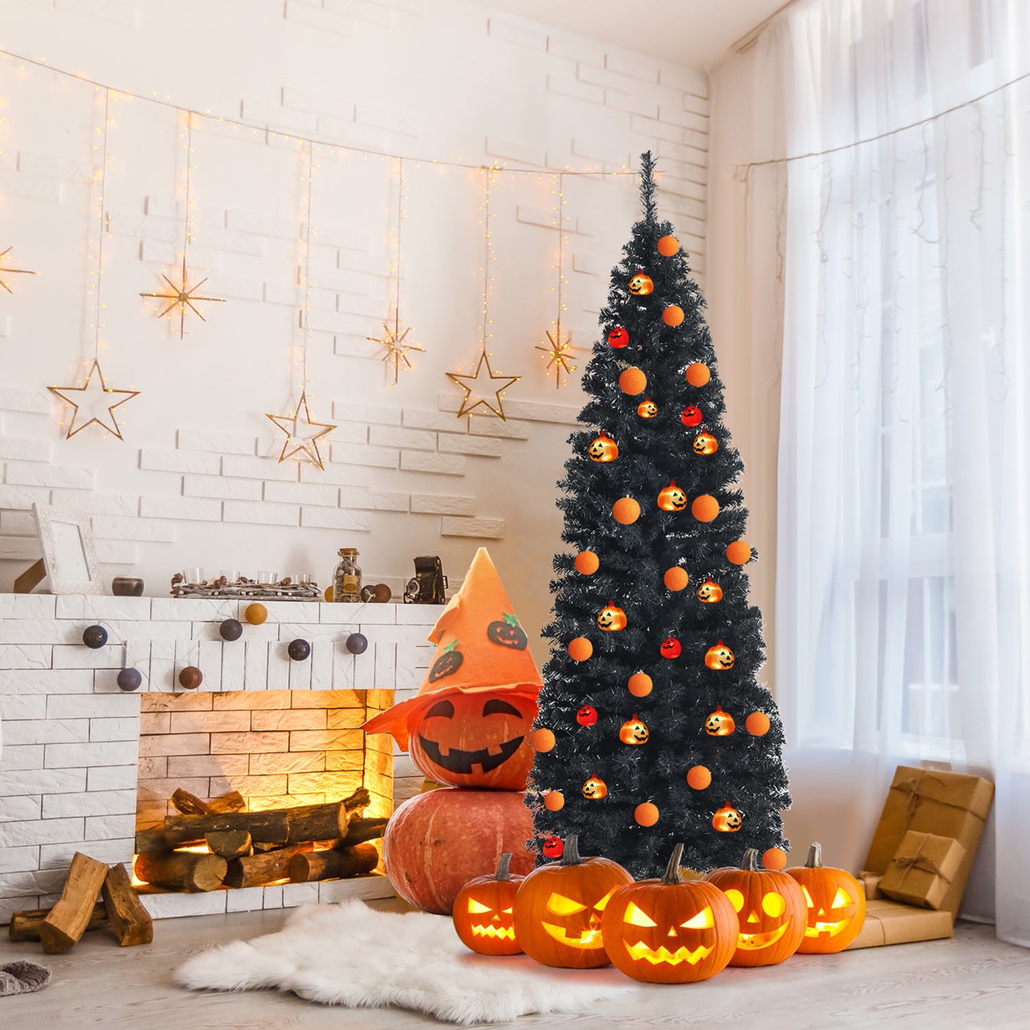 Costway 6ft Unlit Artificial Christmas Halloween Pencil Tree Black w/Metal Stand