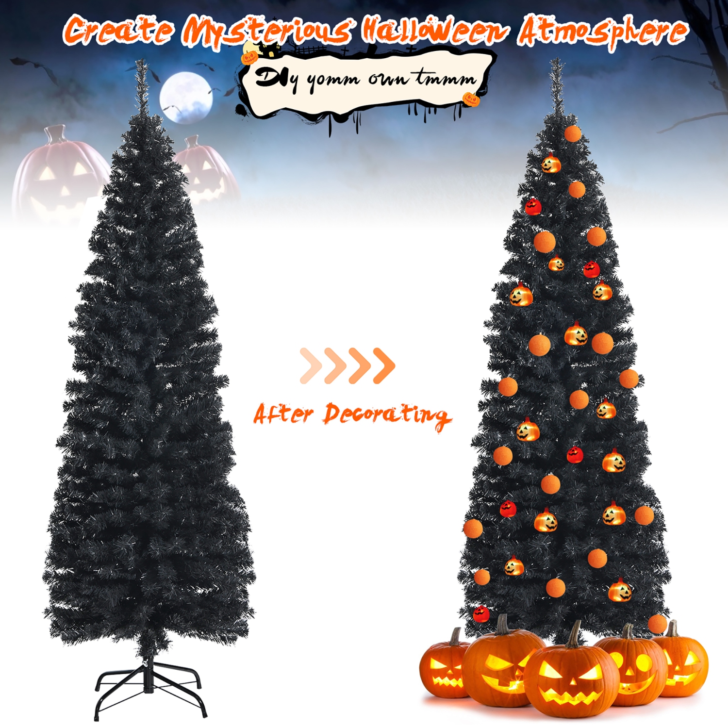 Costway 6ft Unlit Artificial Christmas Halloween Pencil Tree Black w/Metal Stand