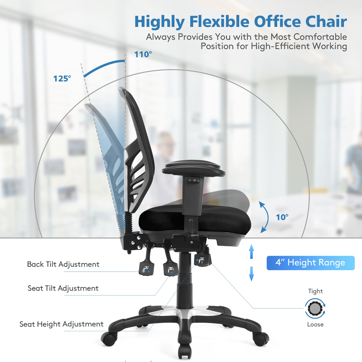 Costway Mesh Office Chair 3-Paddle Computer Desk Chair w/ Adjustable Seat