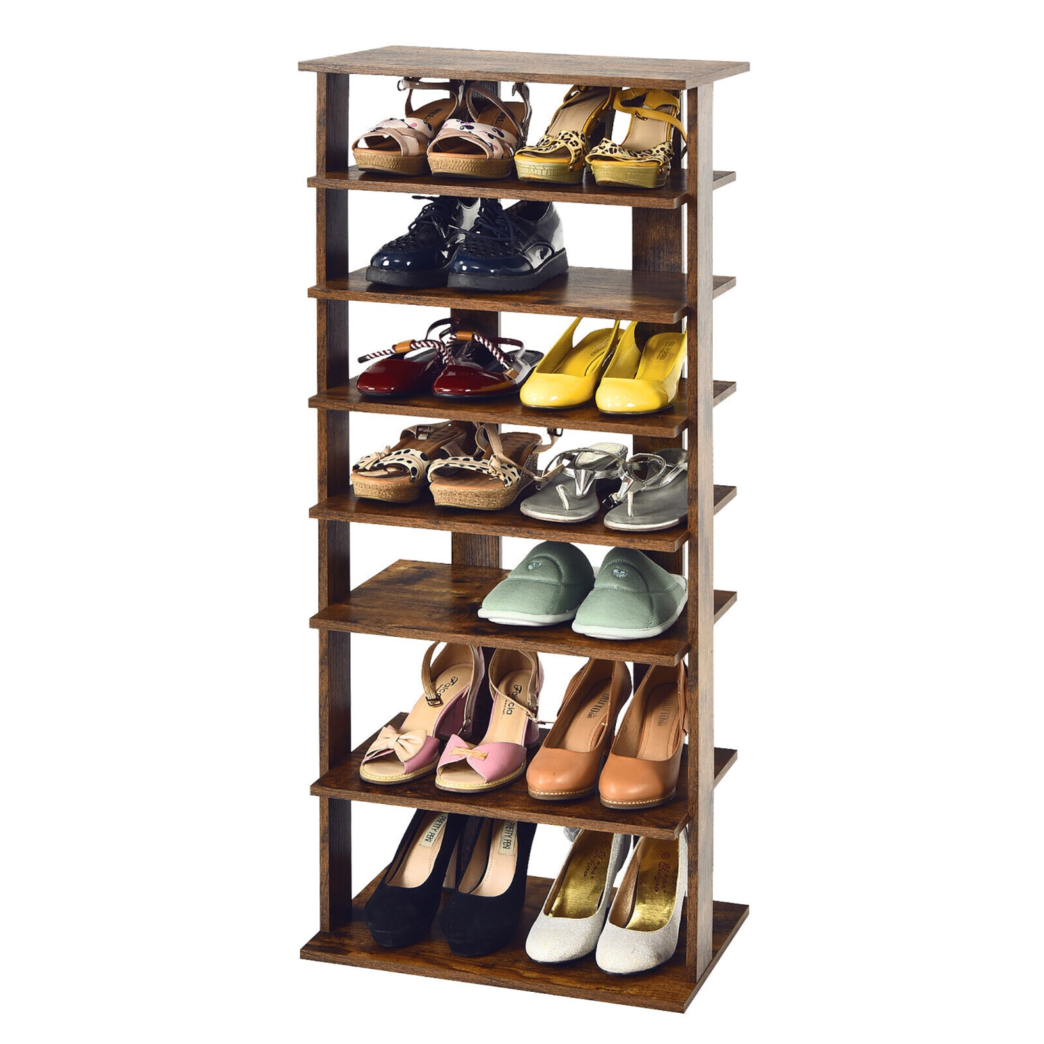 Gymax Patented 7-Tier Double Shoe Rack Free Standing Shelf Storage Tower Rustic Brown