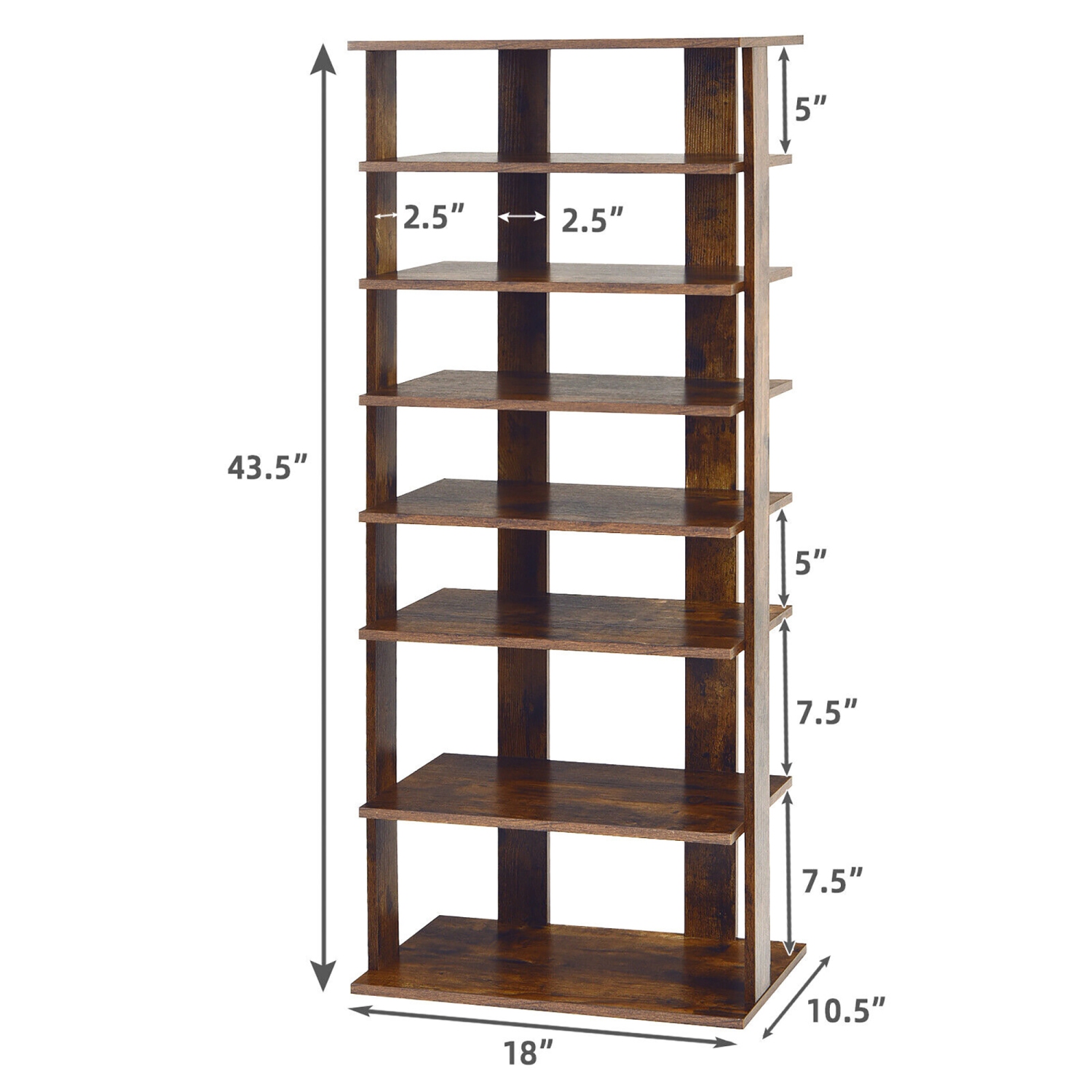 Gymax Patented 7-Tier Double Shoe Rack Free Standing Shelf Storage Tower Rustic Brown