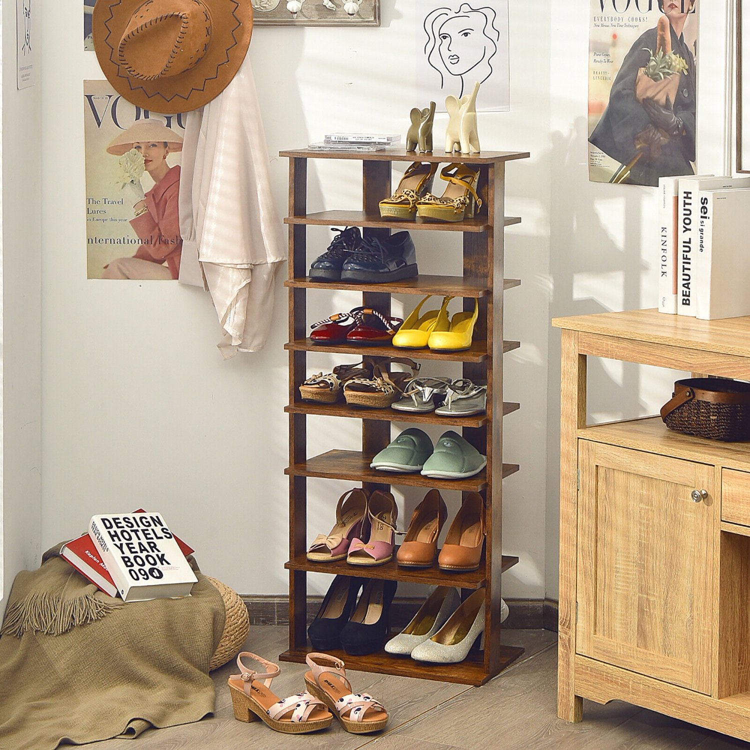 Gymax Patented 7-Tier Double Shoe Rack Free Standing Shelf Storage Tower Rustic Brown