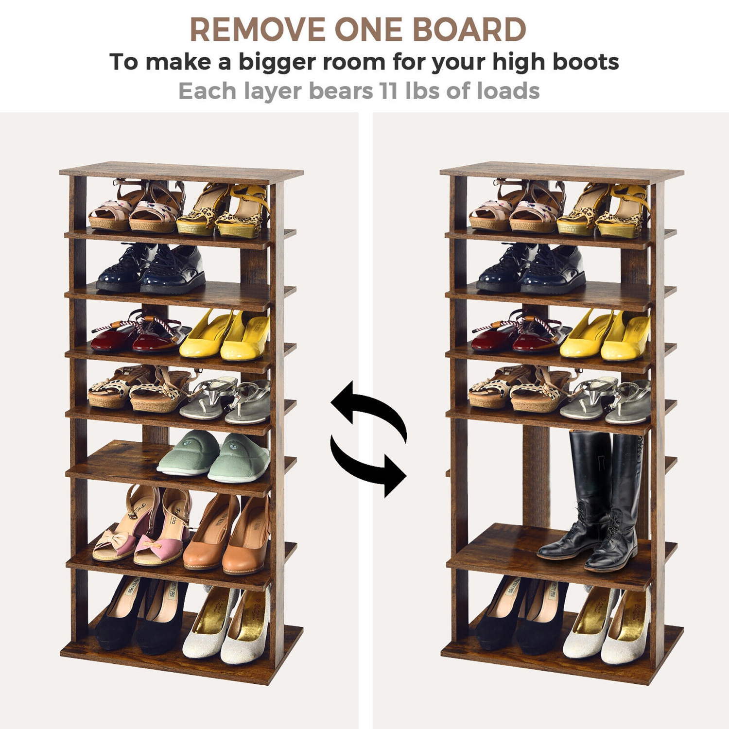 Gymax Patented 7-Tier Double Shoe Rack Free Standing Shelf Storage Tower Rustic Brown