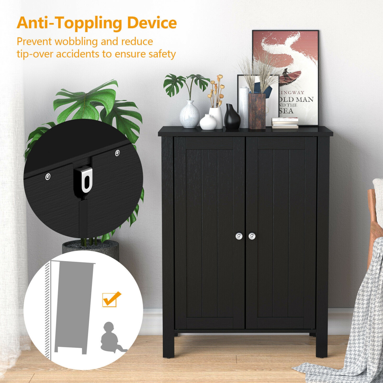 Gymax 2-Door Bathroom Floor Storage Cabinet Space Saver Organizer