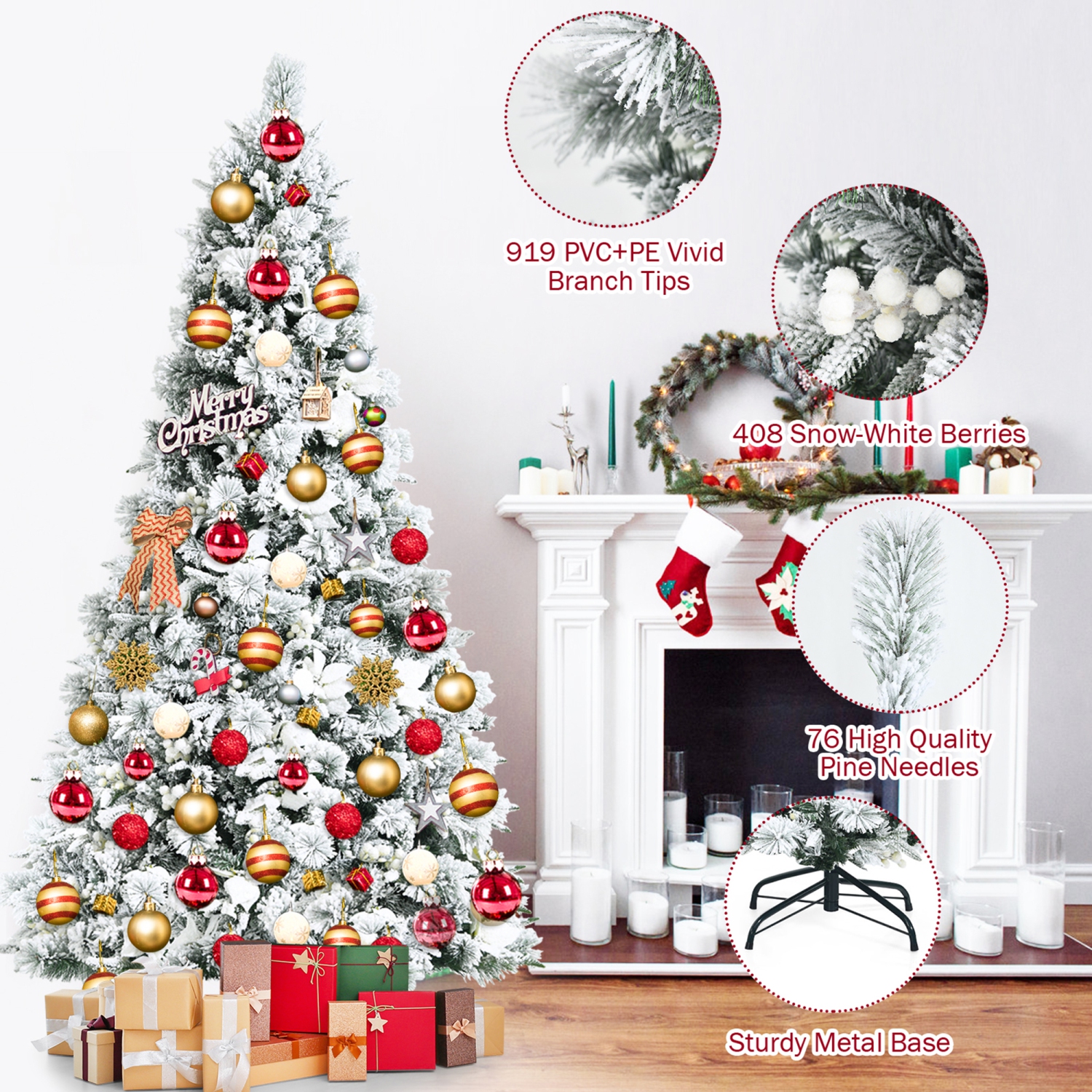 Sapin de Noël artificiel enneigé 213cm Gymax