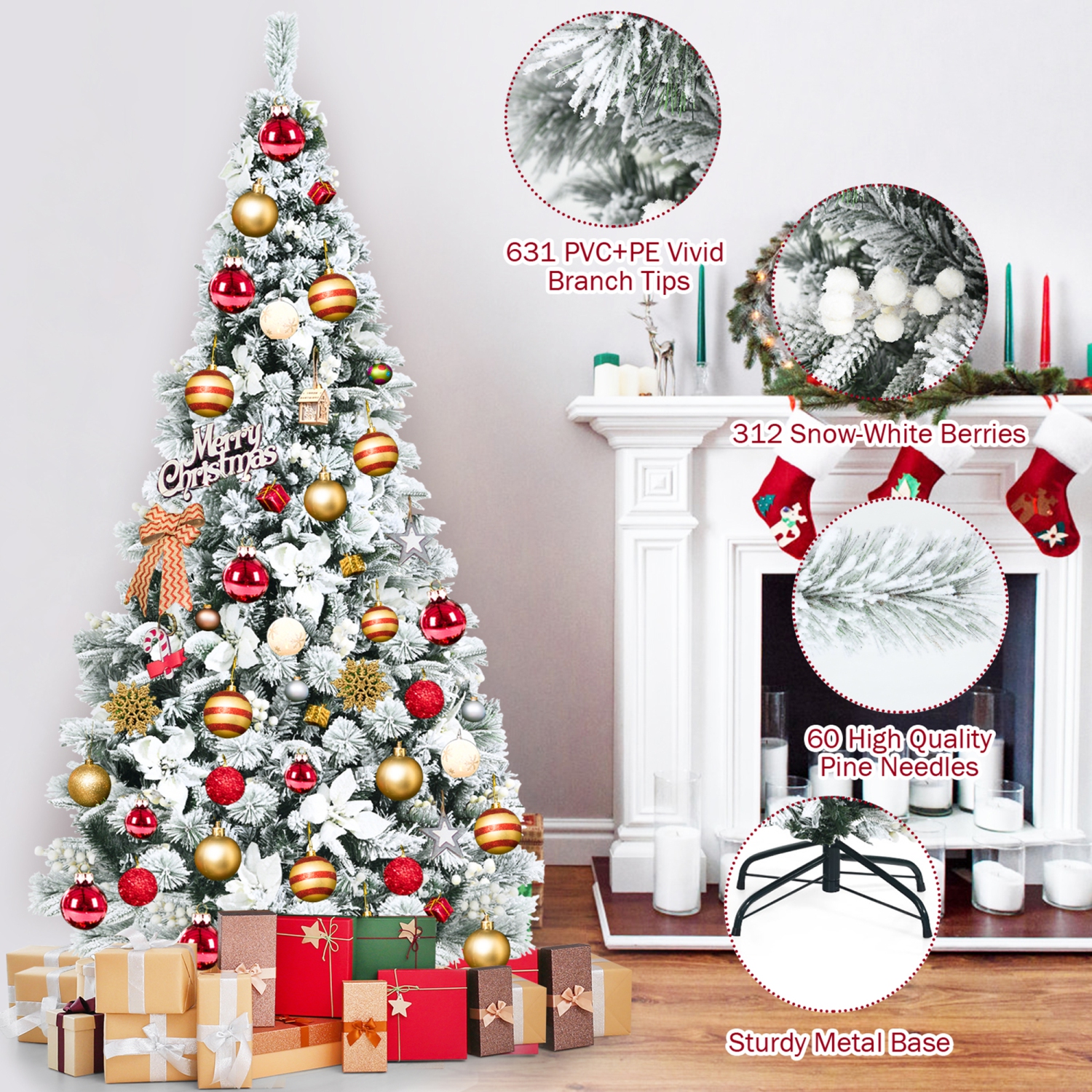 Gymax 6 FT Artificial Snow Flocked Christmas Tree Hinged Xmas Tree w/ Metal Stand