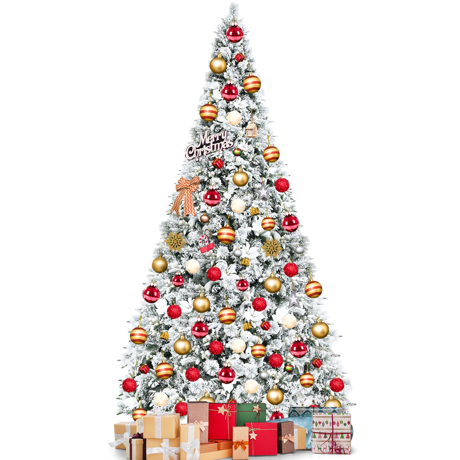 Gymax 8 FT Artificial Snow Flocked Christmas Tree Hinged Xmas Tree w/ Metal Stand