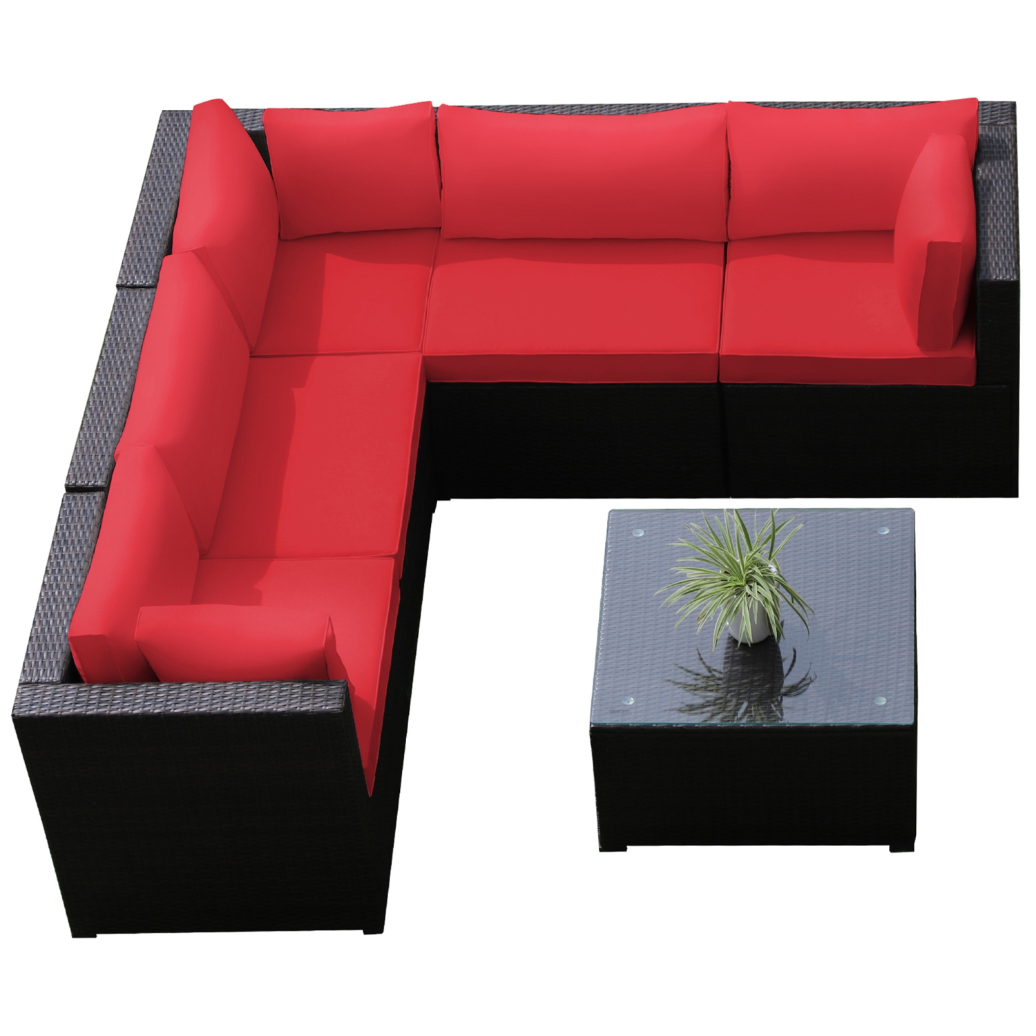 Ensemble de patio modulaire Gymax 6 pièces en rotin avec divan et coussins rouges pour l’extérieur