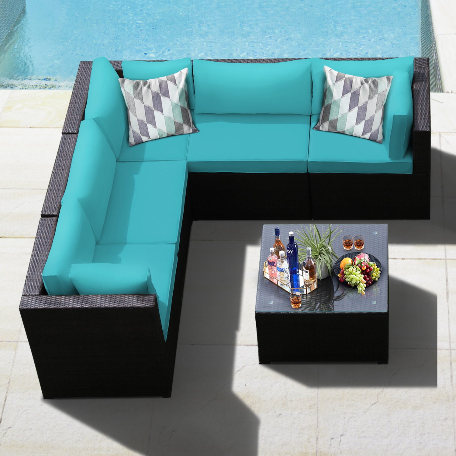 Gymax 6PCS Rattan Patio Sectional Sofa Conversation Set Outdoor w/ Turquoise Cushions