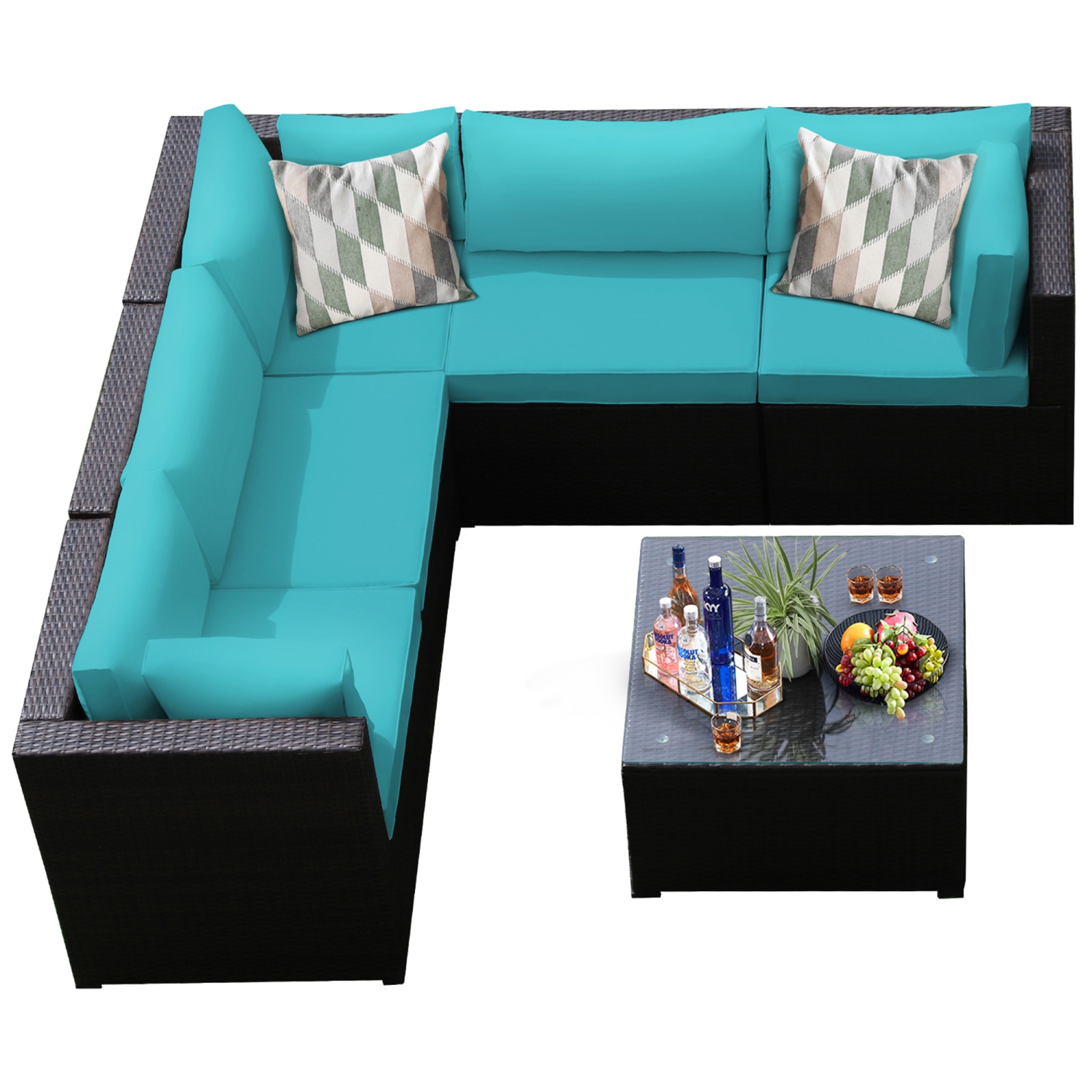 Gymax 6PCS Rattan Patio Sectional Sofa Conversation Set Outdoor w/ Turquoise Cushions