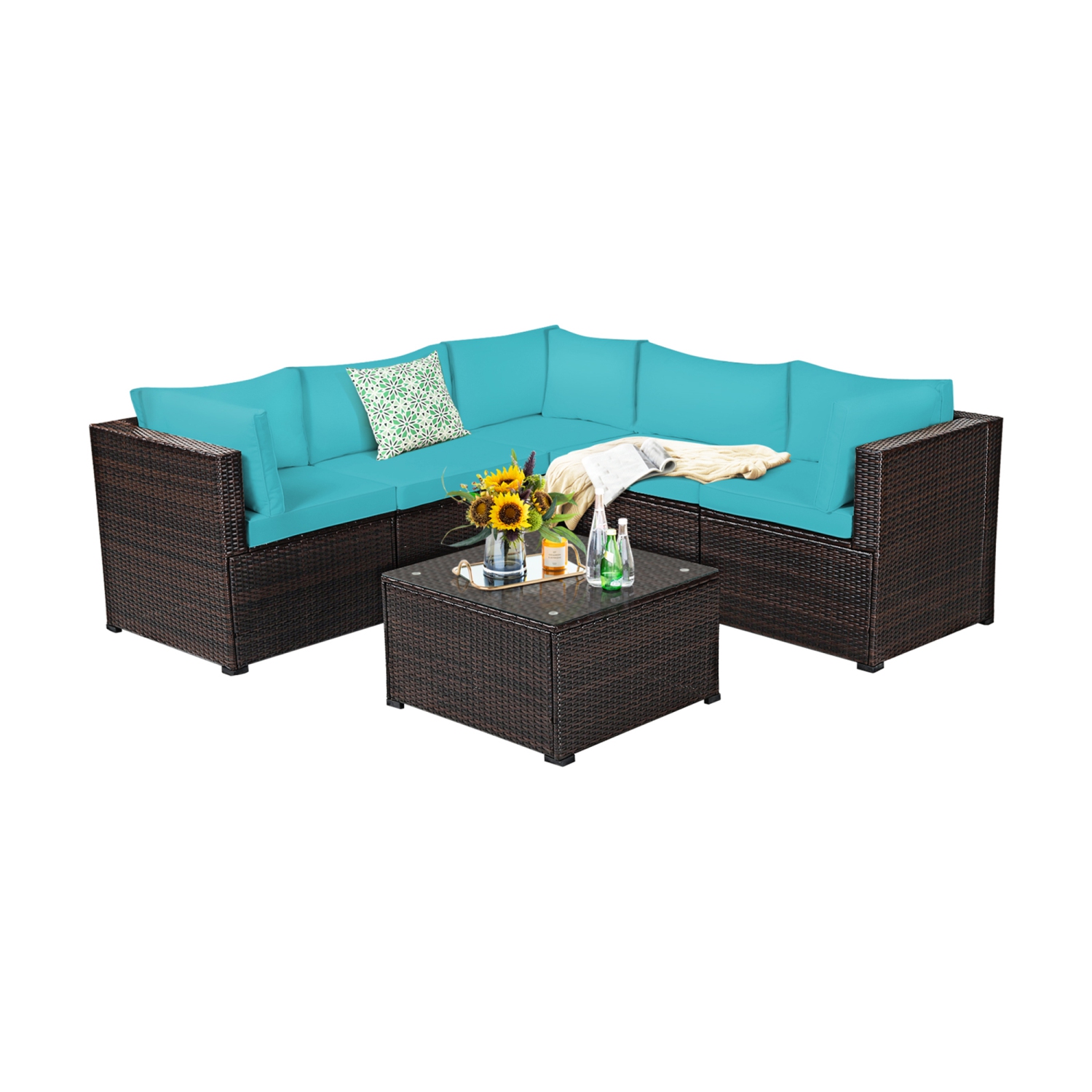 Gymax 6PCS Rattan Patio Sectional Sofa Conversation Set Outdoor w/ Turquoise Cushions