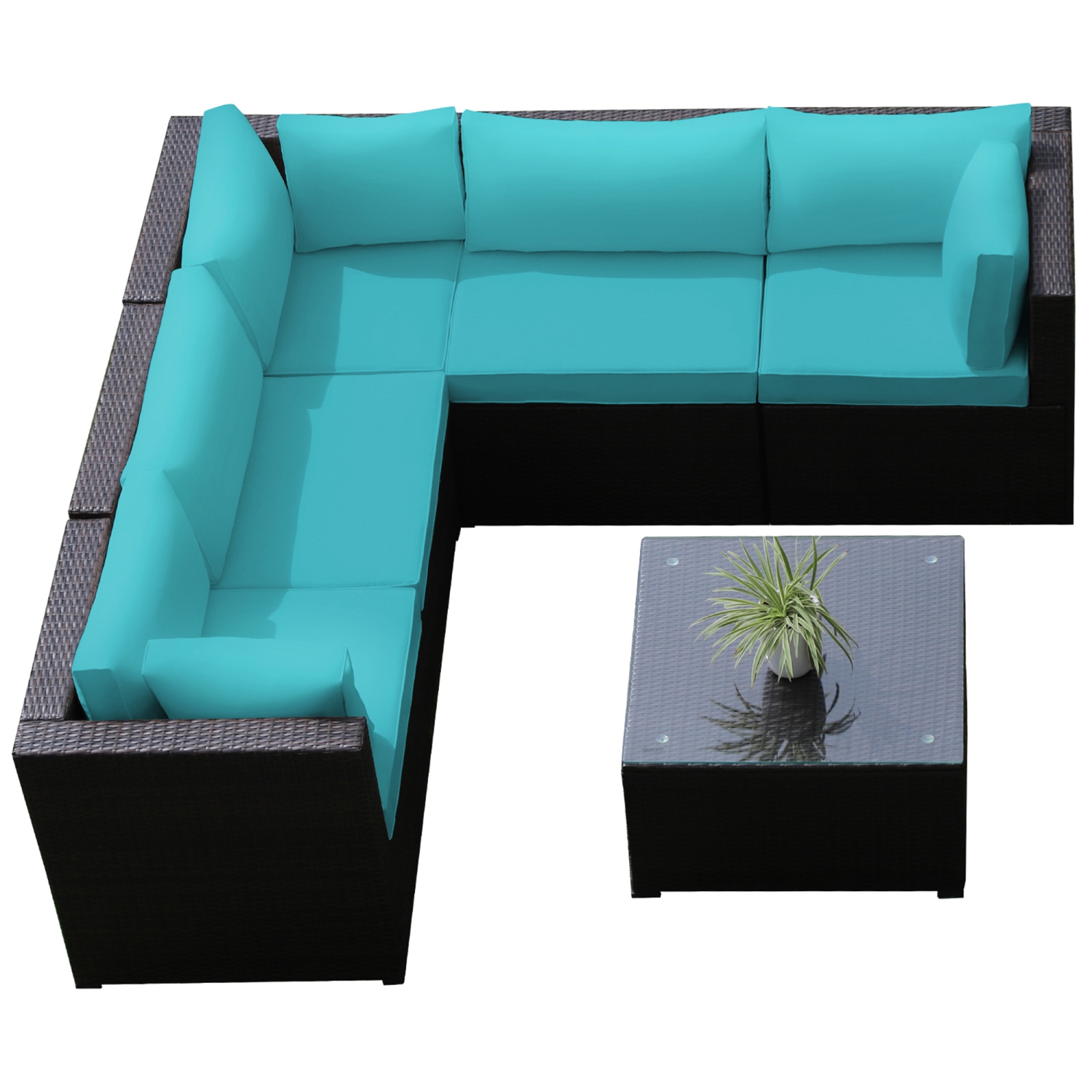 Gymax 6PCS Rattan Patio Sectional Sofa Conversation Set Outdoor w/ Turquoise Cushions