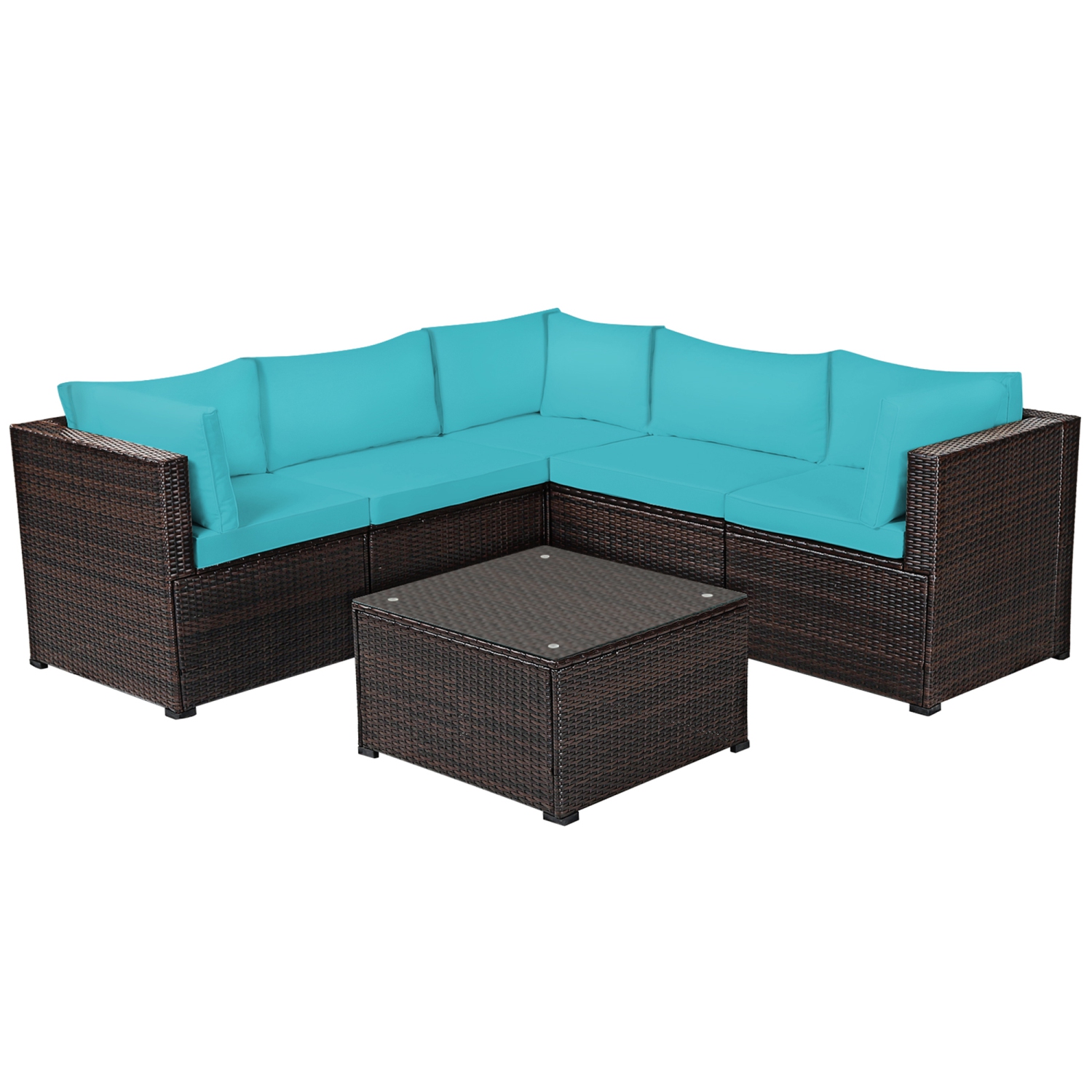 Gymax 6PCS Rattan Patio Sectional Sofa Conversation Set Outdoor w/ Turquoise Cushions