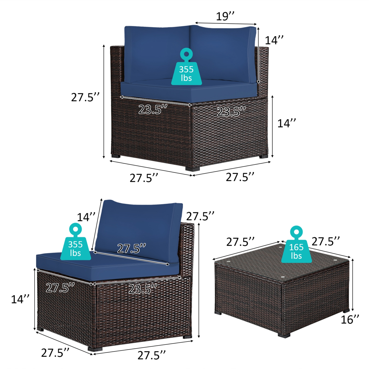 Gymax 6PCS Rattan Patio Sectional Sofa Conversation Set Outdoor w/ Navy Cushions