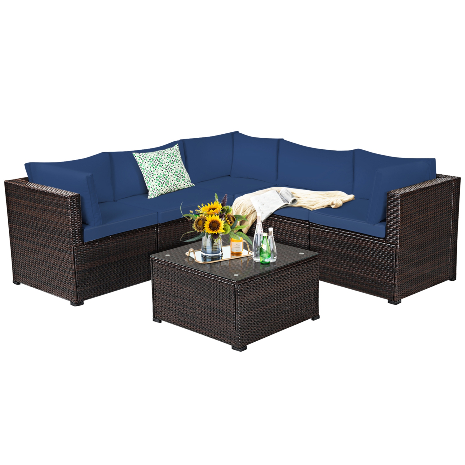 Gymax 6PCS Rattan Patio Sectional Sofa Conversation Set Outdoor w/ Navy Cushions