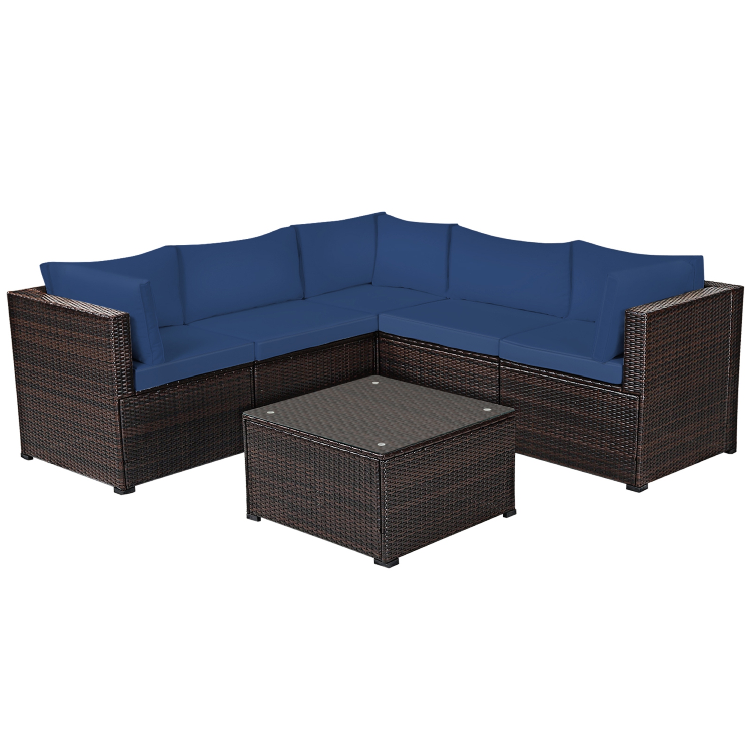 Gymax 6PCS Rattan Patio Sectional Sofa Conversation Set Outdoor w/ Navy Cushions