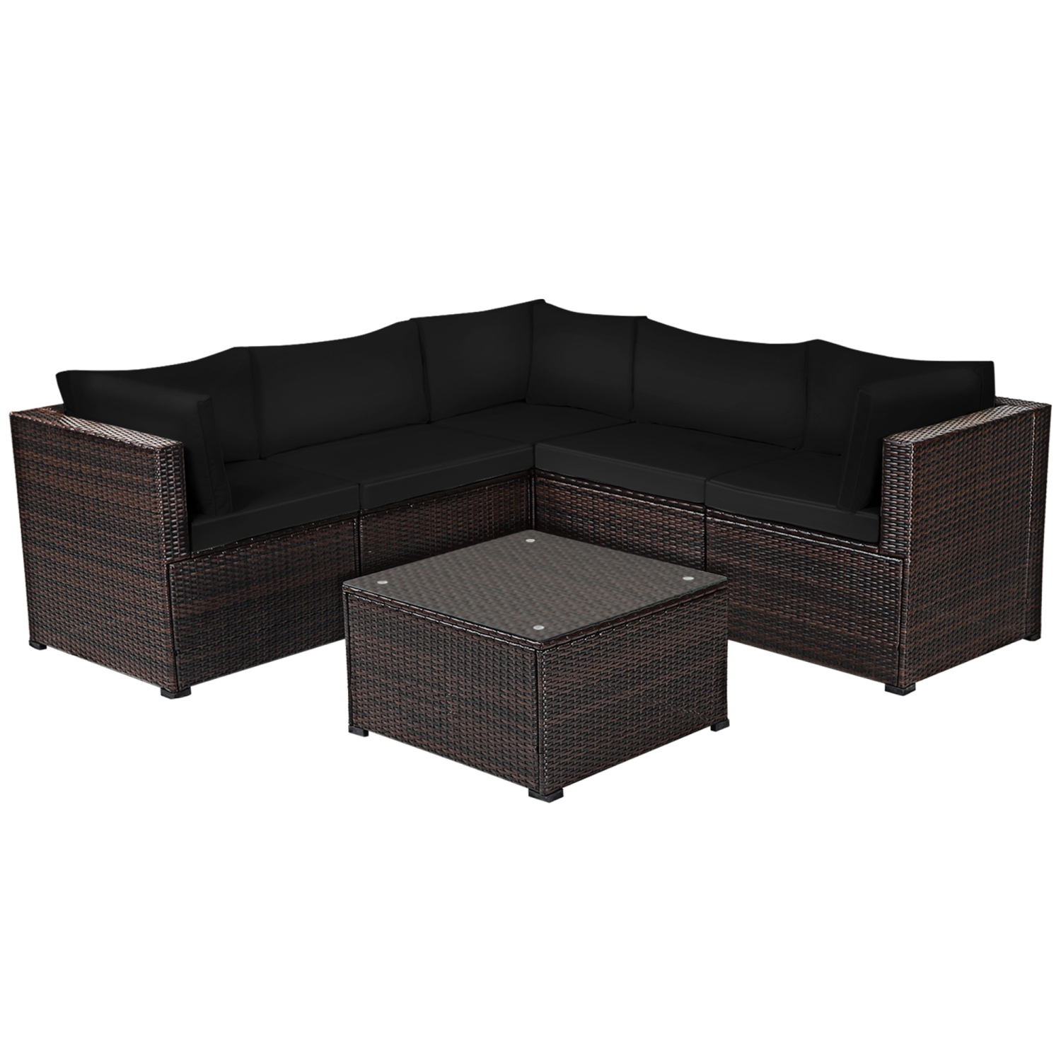 Gymax 6PCS Rattan Patio Sectional Sofa Conversation Set Outdoor w/ Black Cushions