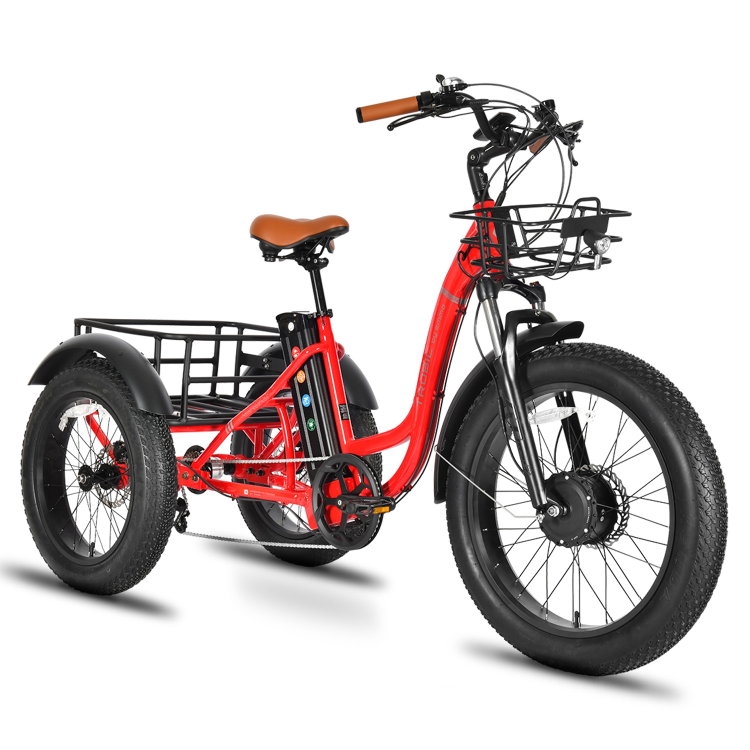 EMMO Trobic Pro Long Range Electric Tricycle Fat Tire for Adults 48V20Ah Battery - Hydraulic Disc Brakes - Red - Cargo Front and Rear Baskets