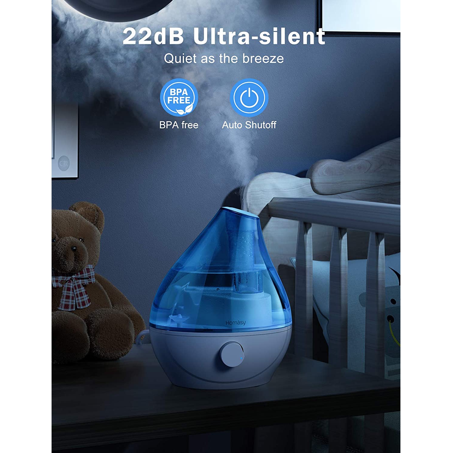 Homasy Cool Mist Humidifier, BPA-Free 22dB Quiet Humidifiers