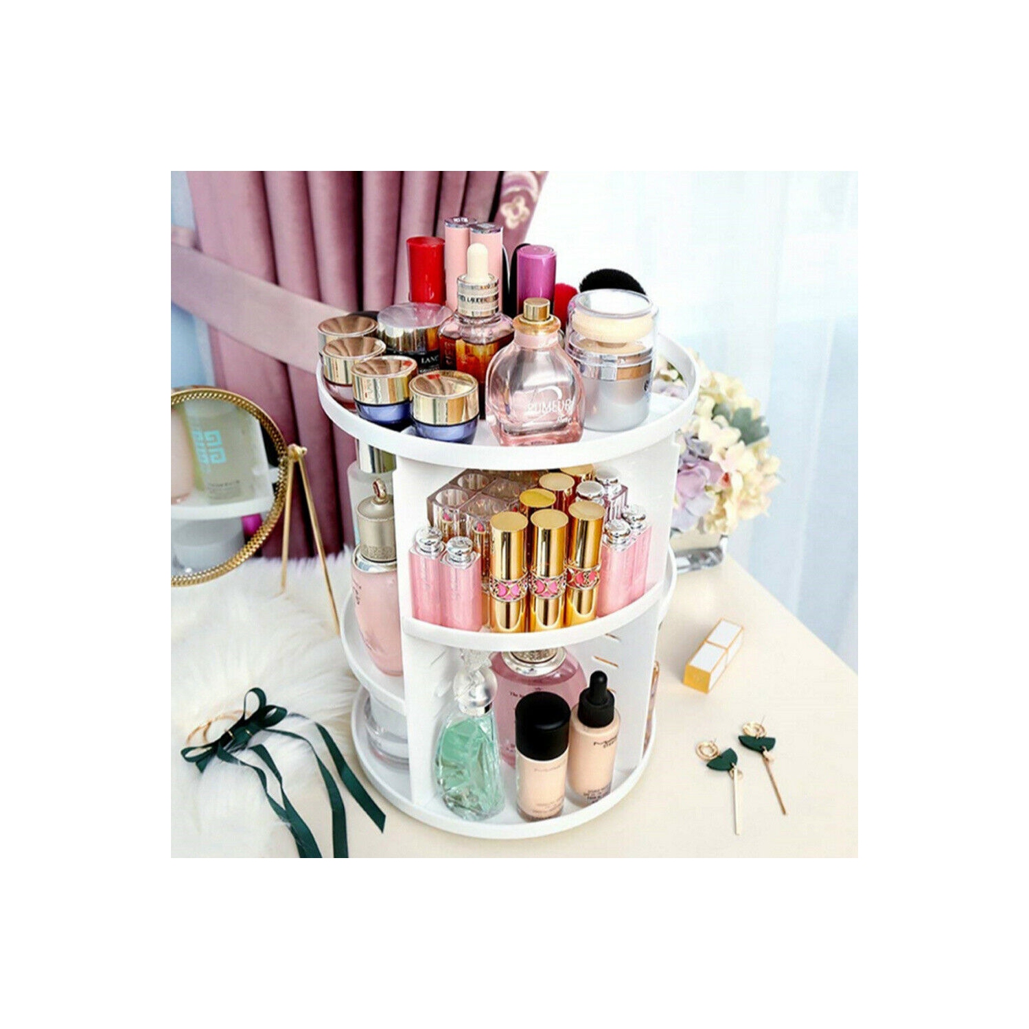 ISTAR 360 Rotating Makeup Organizer, DIY Adjustable Bathroom Makeup Carousel Spinning Holder Rack, Large Capacity Cosmetics Storage Box Vanity Shelf