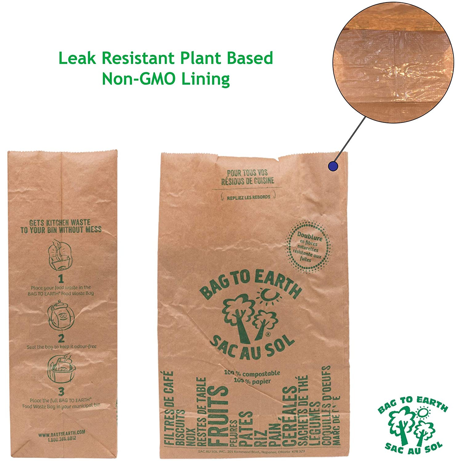 Bag to Earth Small Food Waste Bags 30-Pack Compostable Bag Leak Resistant 12in x 7.5in x 4.25in