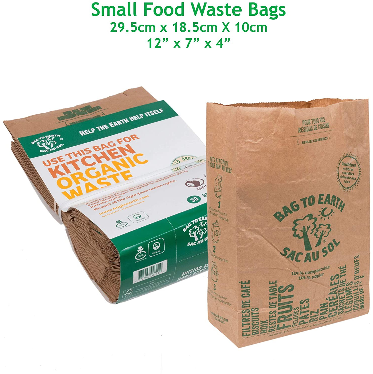Bag to Earth Small Food Waste Bags 30-Pack Compostable Bag Leak Resistant 12in x 7.5in x 4.25in