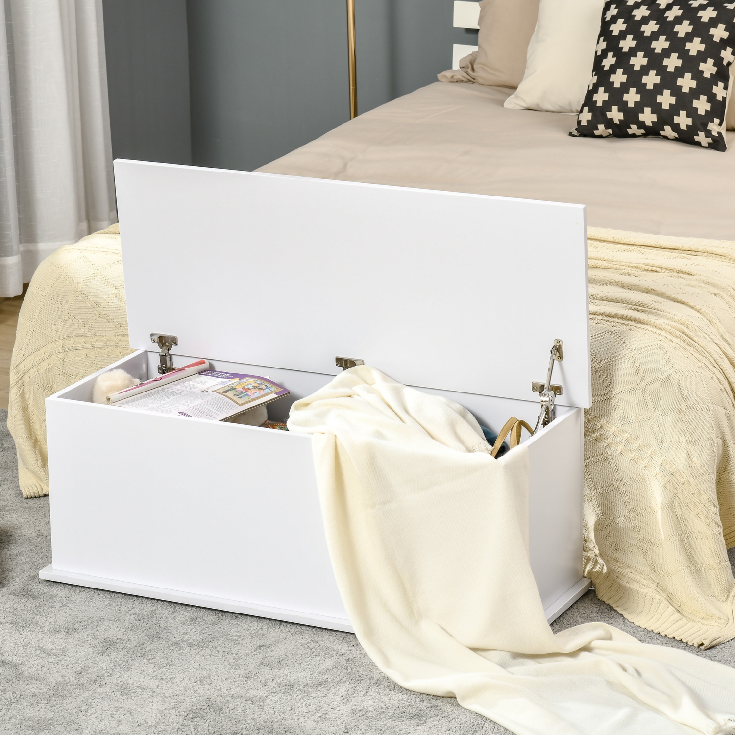 HOMCOM – Commode de rangement à couvercle supérieur relevable de 39,5 po avec 2 charnières de sécurité, range-tout avec couvercle rabattable, banc de