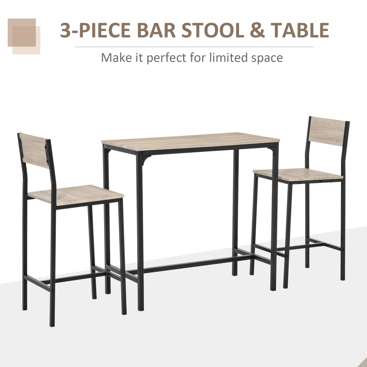 HOMCOM Industrial Bar Table Set Counter Height 3 Piece and 2 High Back Stools Set Dining Table Set for Small Space in the Dining Room