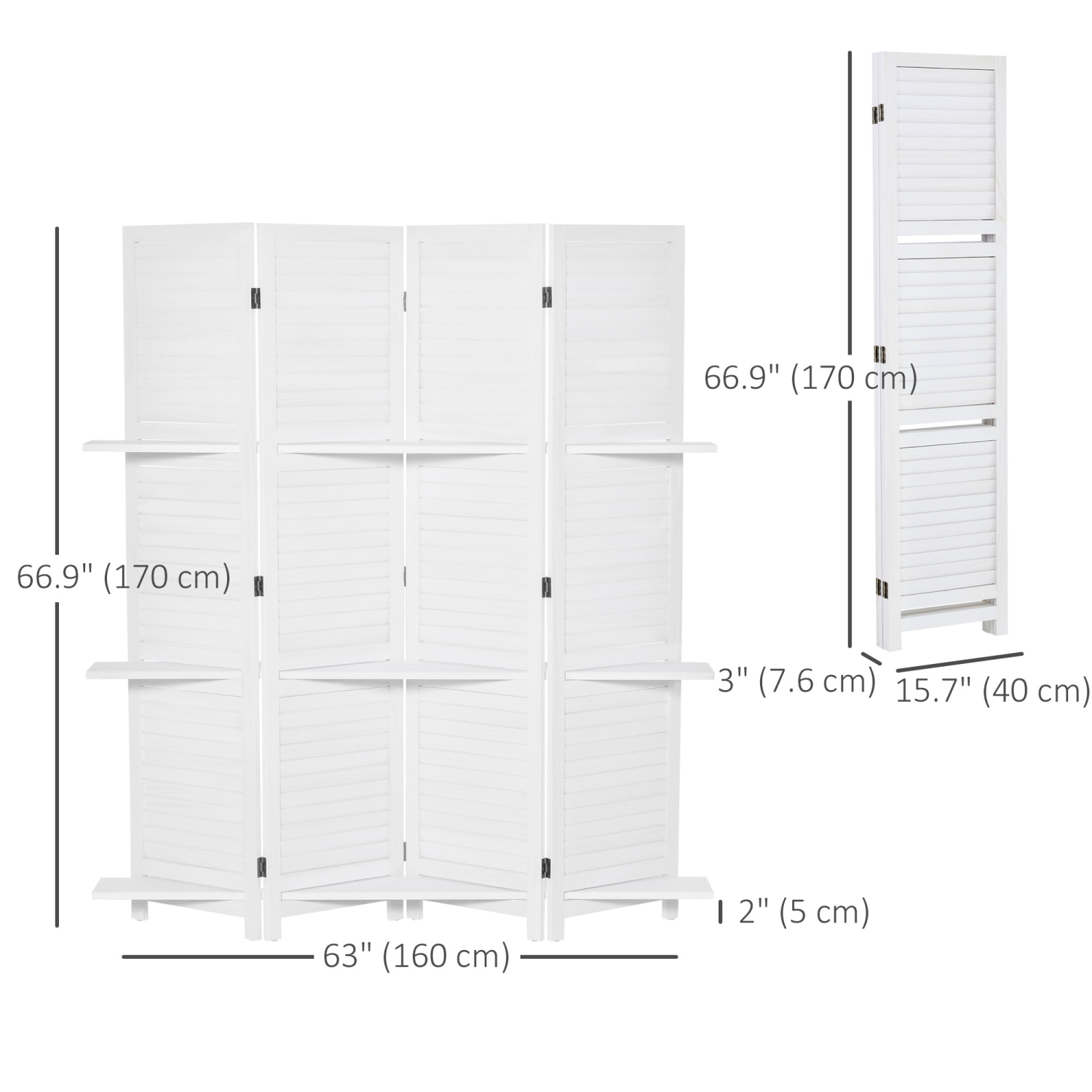 HOMCOM 4 Panel Room Divider with Display Shelf, 5.6 FT Folding Privacy Screen, Portable Freestanding Partition Wall Divider for Home Office, White