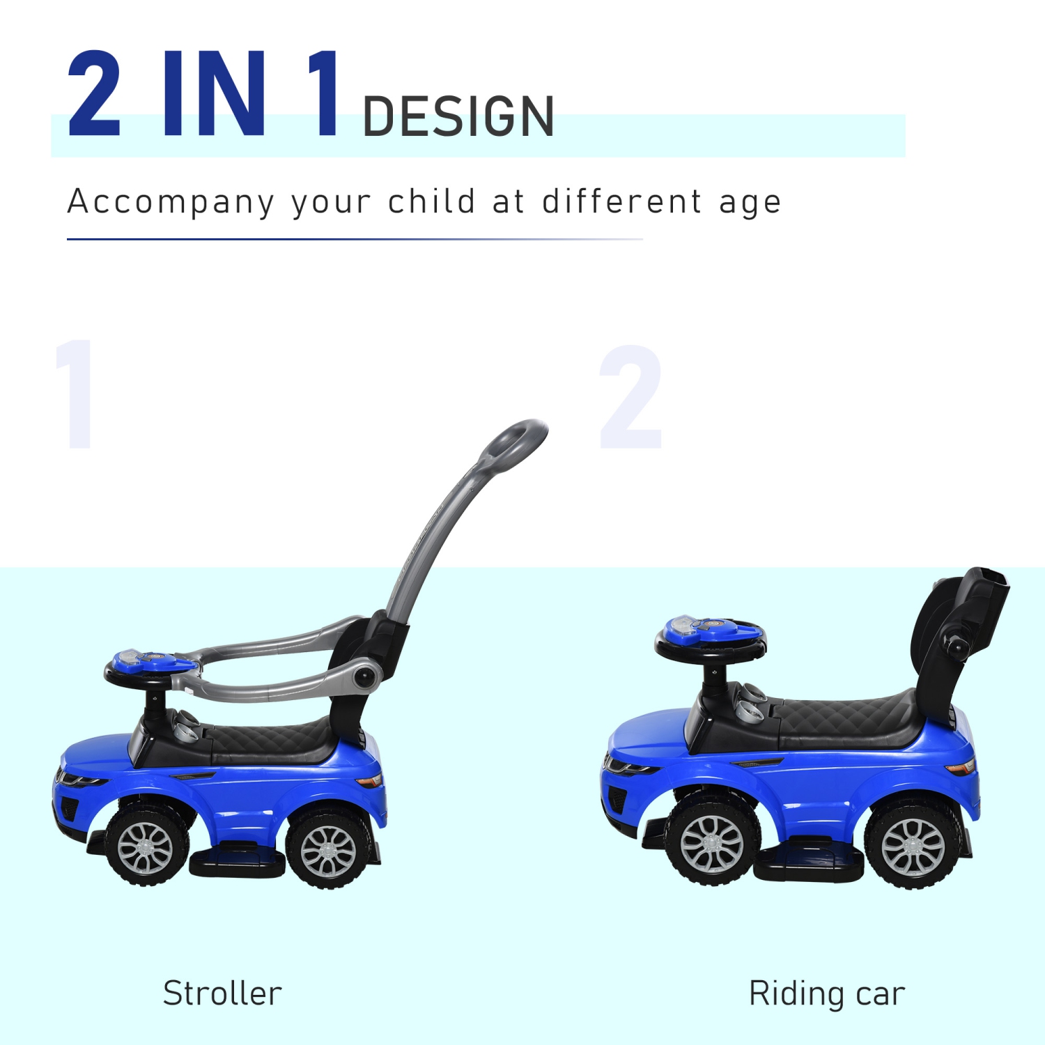 Aosom 2 in 1 Kid Ride on Push Car Sliding Car, Ride on Toy for Boy Girl Toddlers 1-3 Years Old, with Horn Music Light Function Secure Bar, Blue