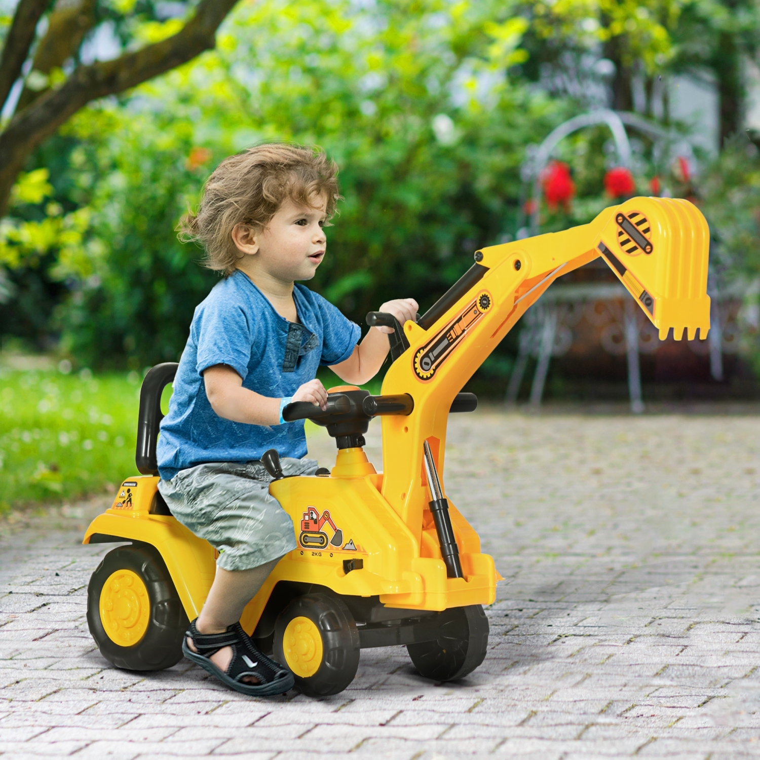 HOMCOM Ride-On Excavator for Kids, Construction Push Car Truck Toys for Toddlers 18–48 Months, with Digger, Steering Wheel, Horn and Under-Seat