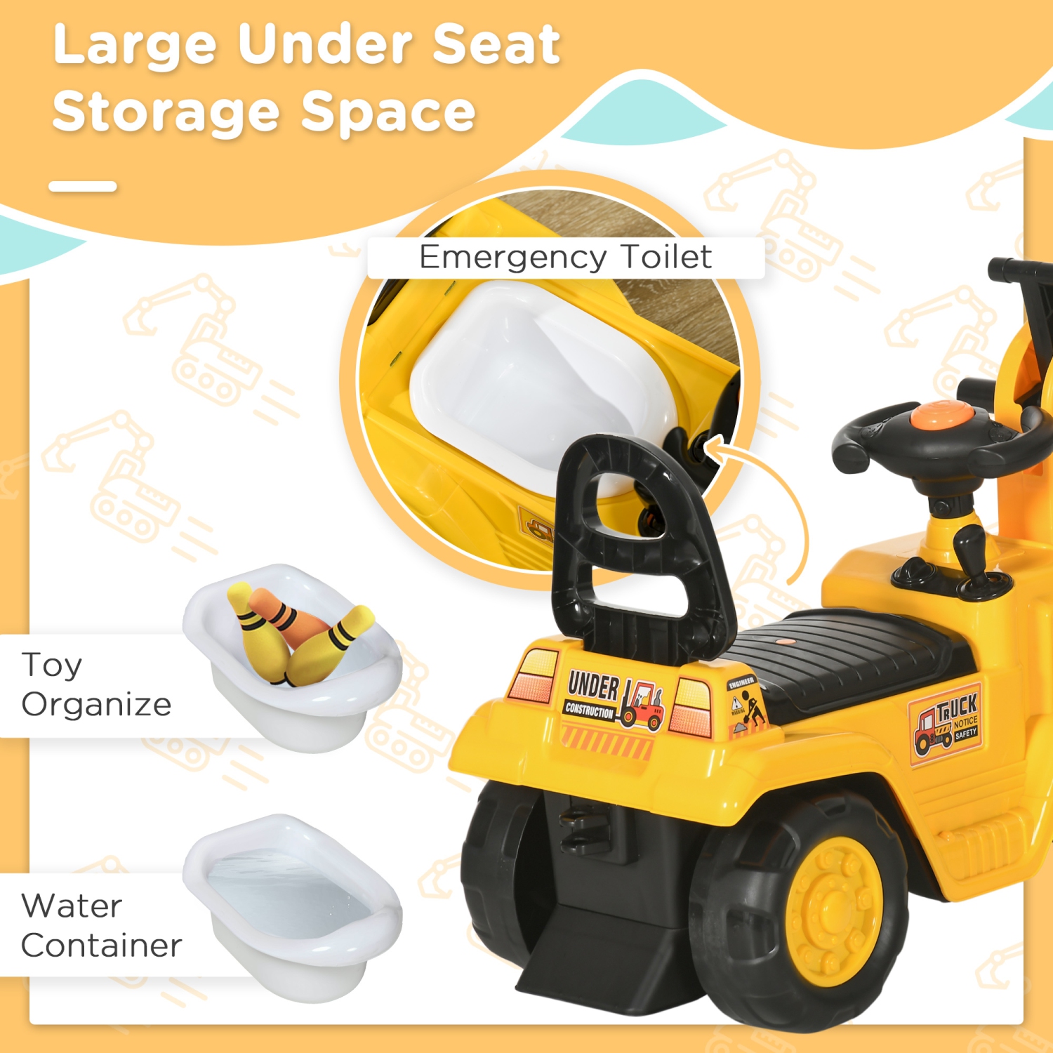 HOMCOM Ride-On Excavator for Kids, Construction Push Car Truck Toys for Toddlers 18–48 Months, with Digger, Steering Wheel, Horn and Under-Seat