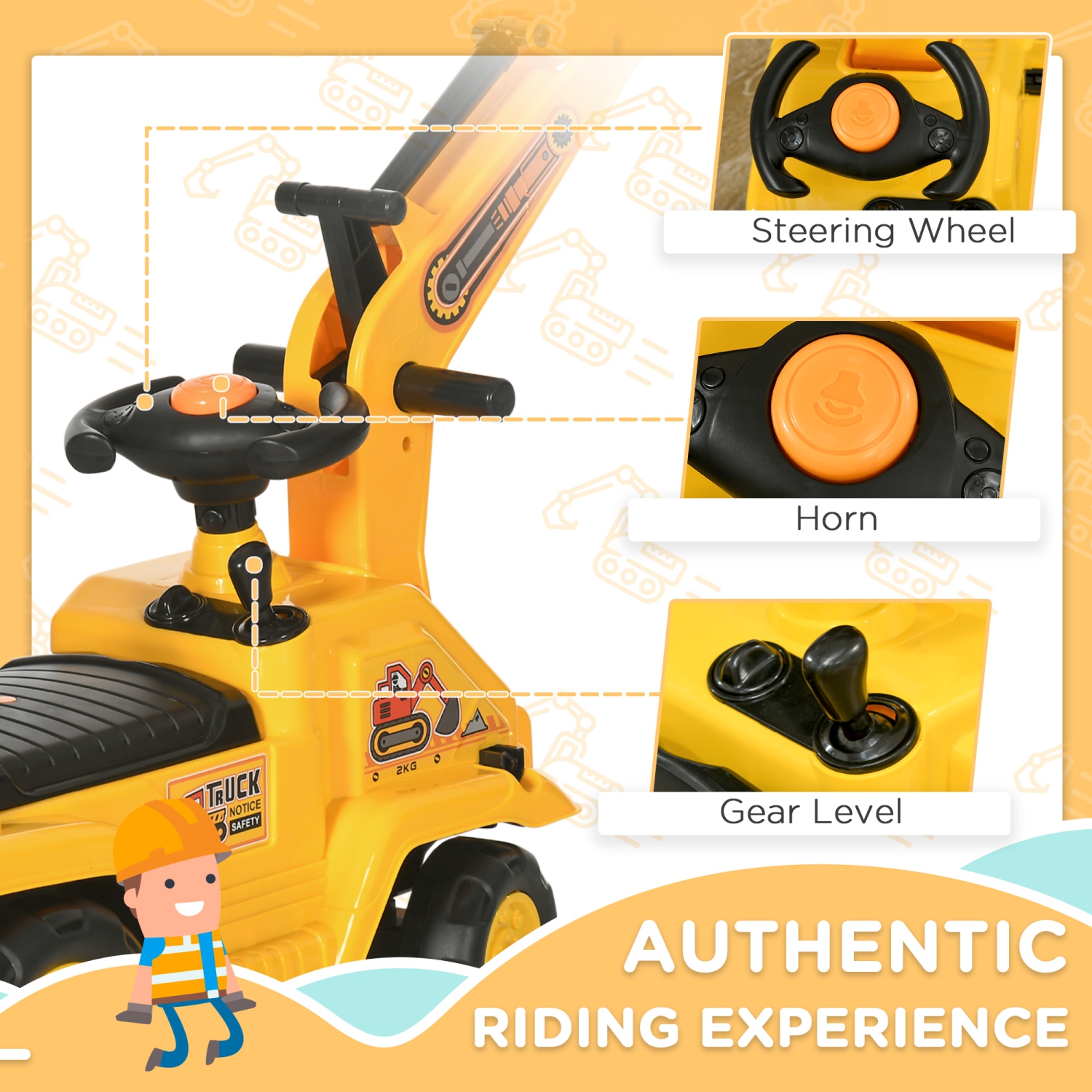 HOMCOM Ride-On Excavator for Kids, Construction Push Car Truck Toys for Toddlers 18–48 Months, with Digger, Steering Wheel, Horn and Under-Seat