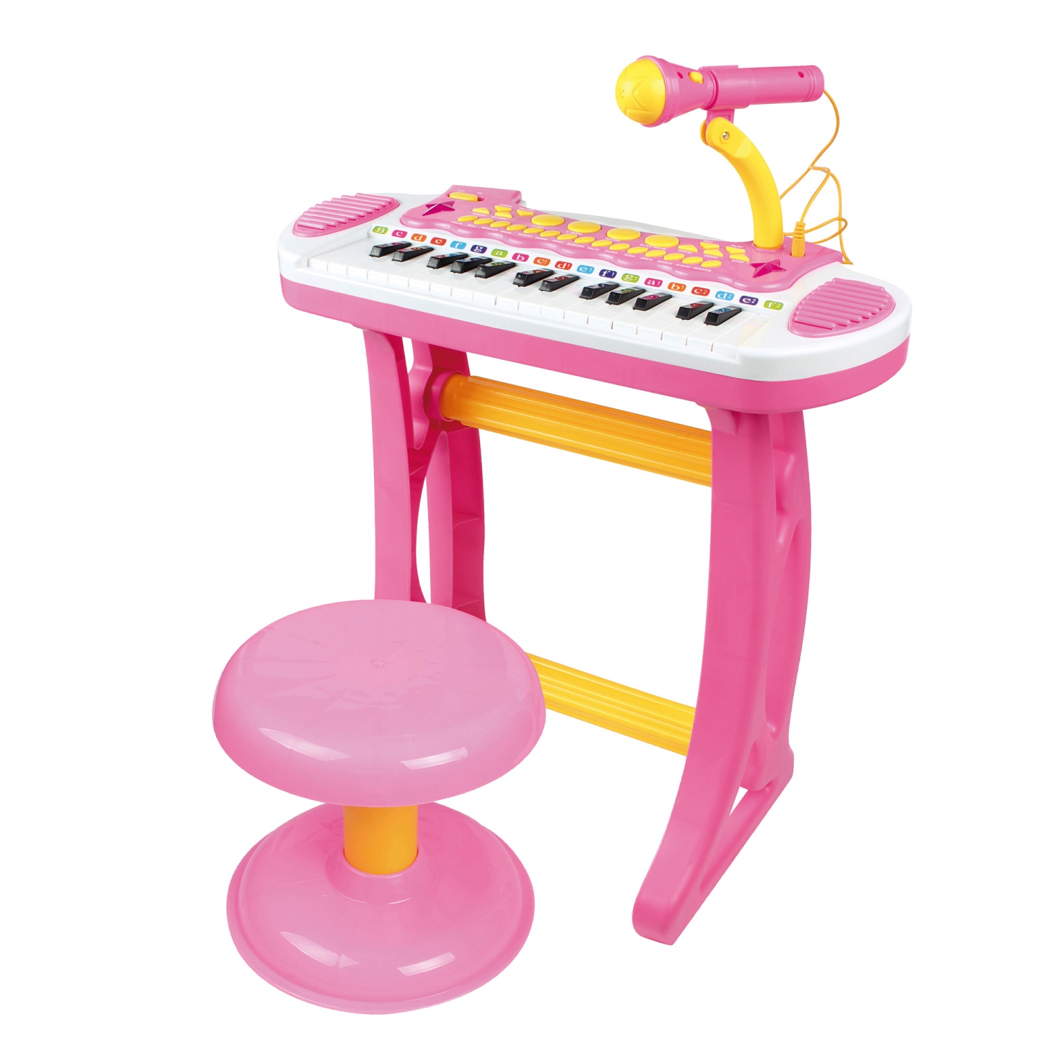 Qaba Kids Toddler Toy Piano Keyboard with Included Sitting Stool, Working Microphone, A Fun Bright Flashlight, Pink