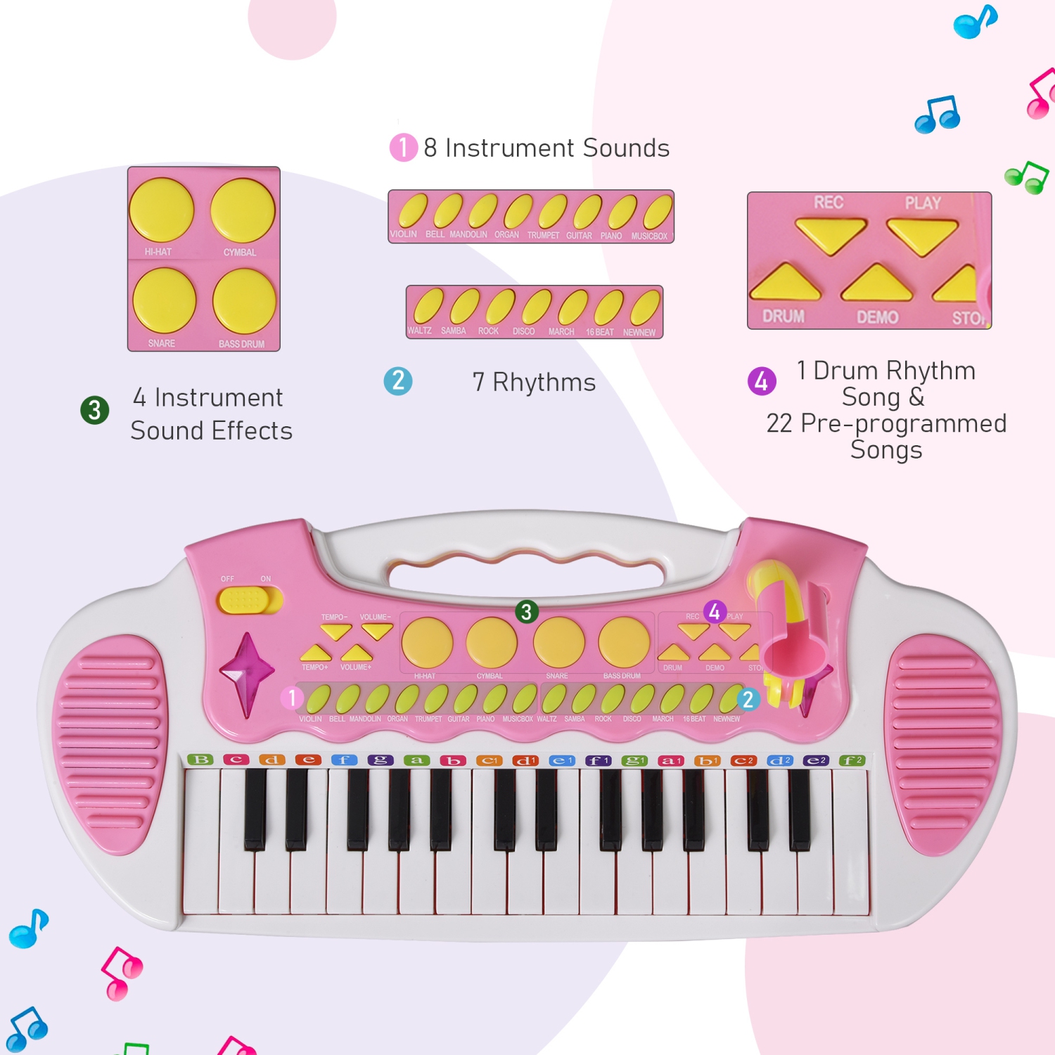 Qaba Kids Toddler Toy Piano Keyboard with Included Sitting Stool, Working Microphone, A Fun Bright Flashlight, Pink