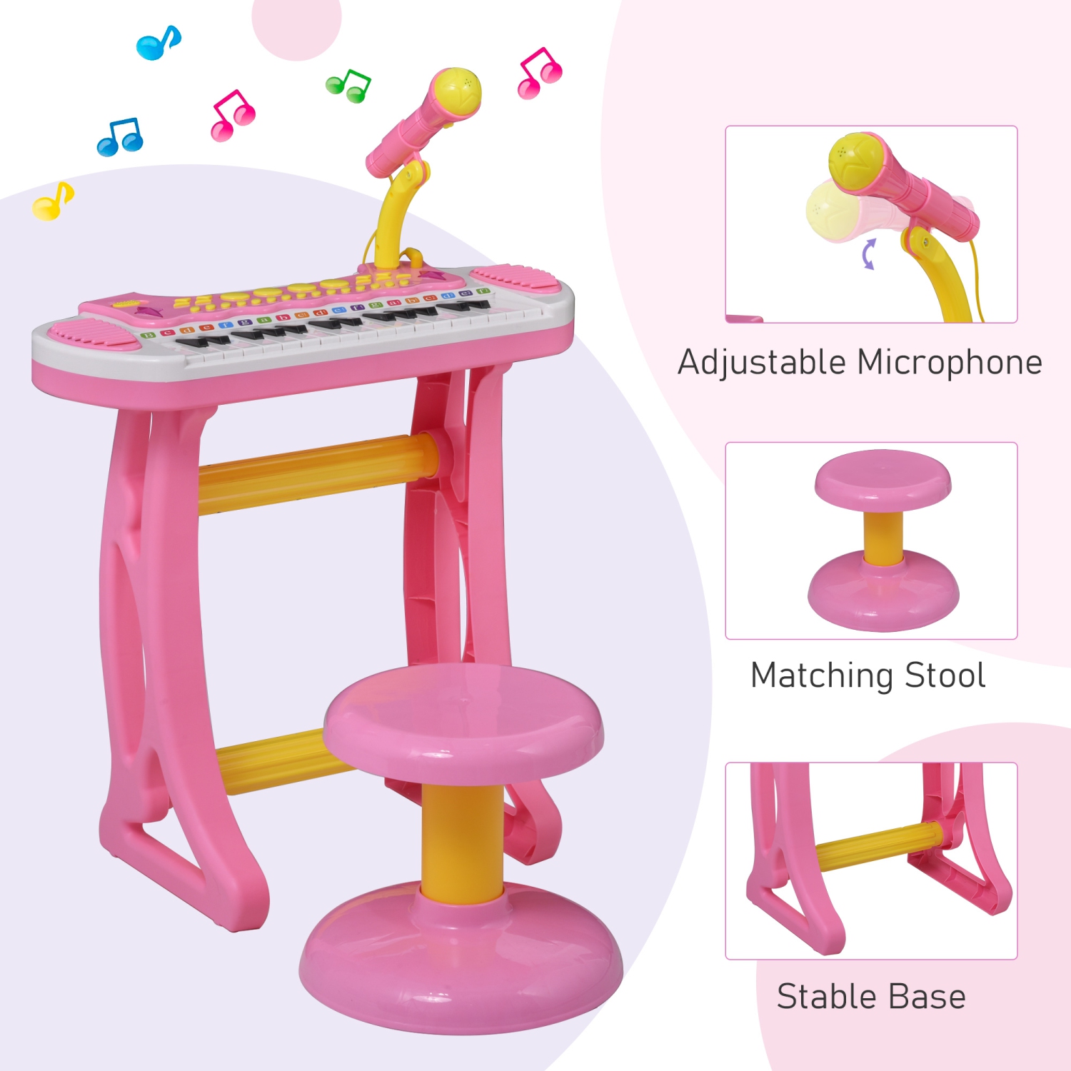 Qaba Kids Toddler Toy Piano Keyboard with Included Sitting Stool, Working Microphone, A Fun Bright Flashlight, Pink