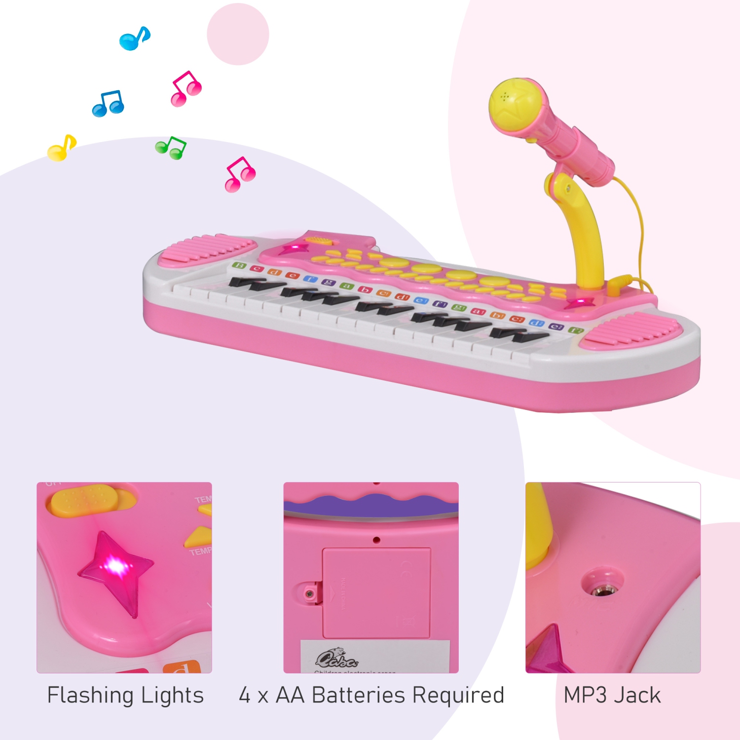 Qaba Kids Toddler Toy Piano Keyboard with Included Sitting Stool, Working Microphone, A Fun Bright Flashlight, Pink