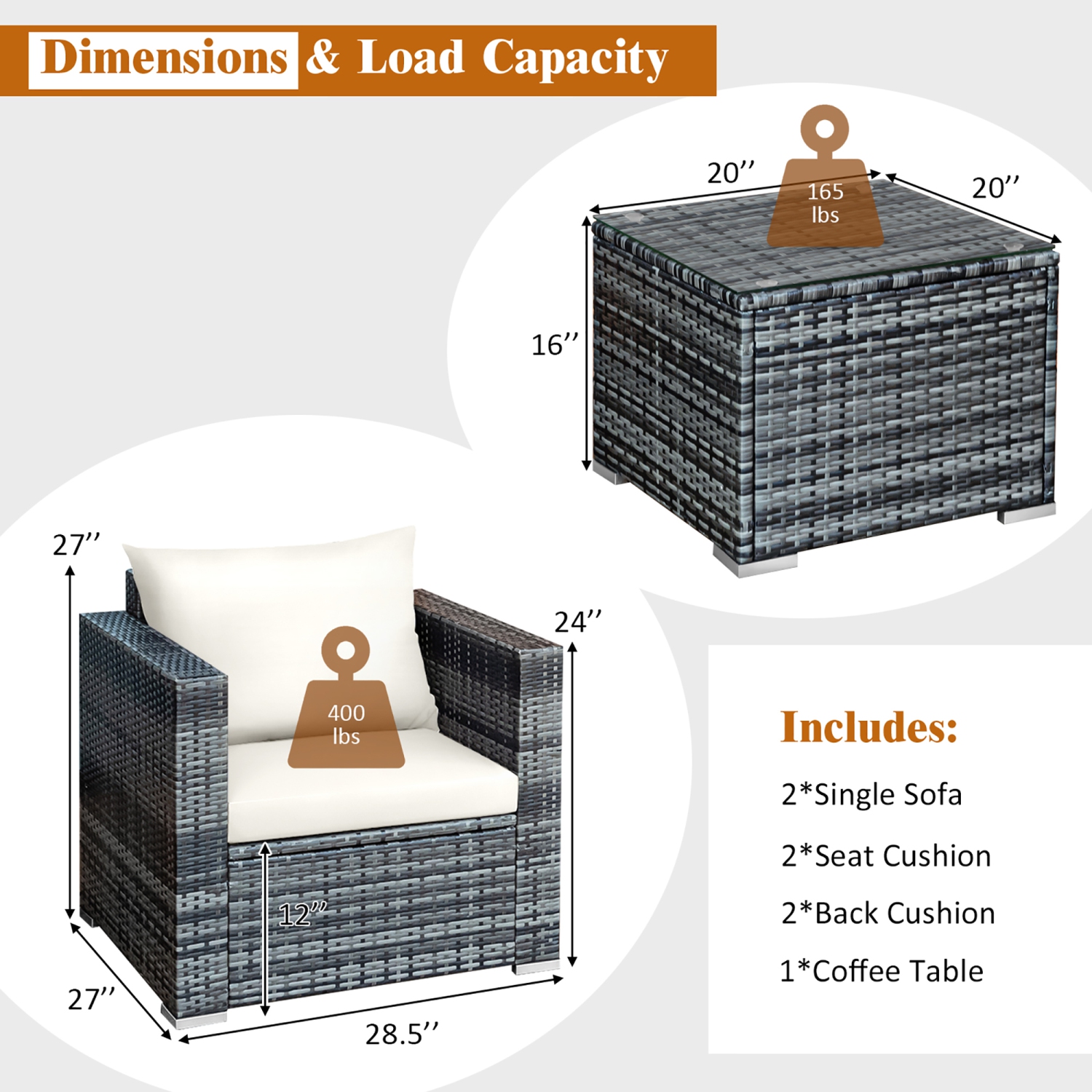 Salon de jardin en résine tressée 3 pièces Costway