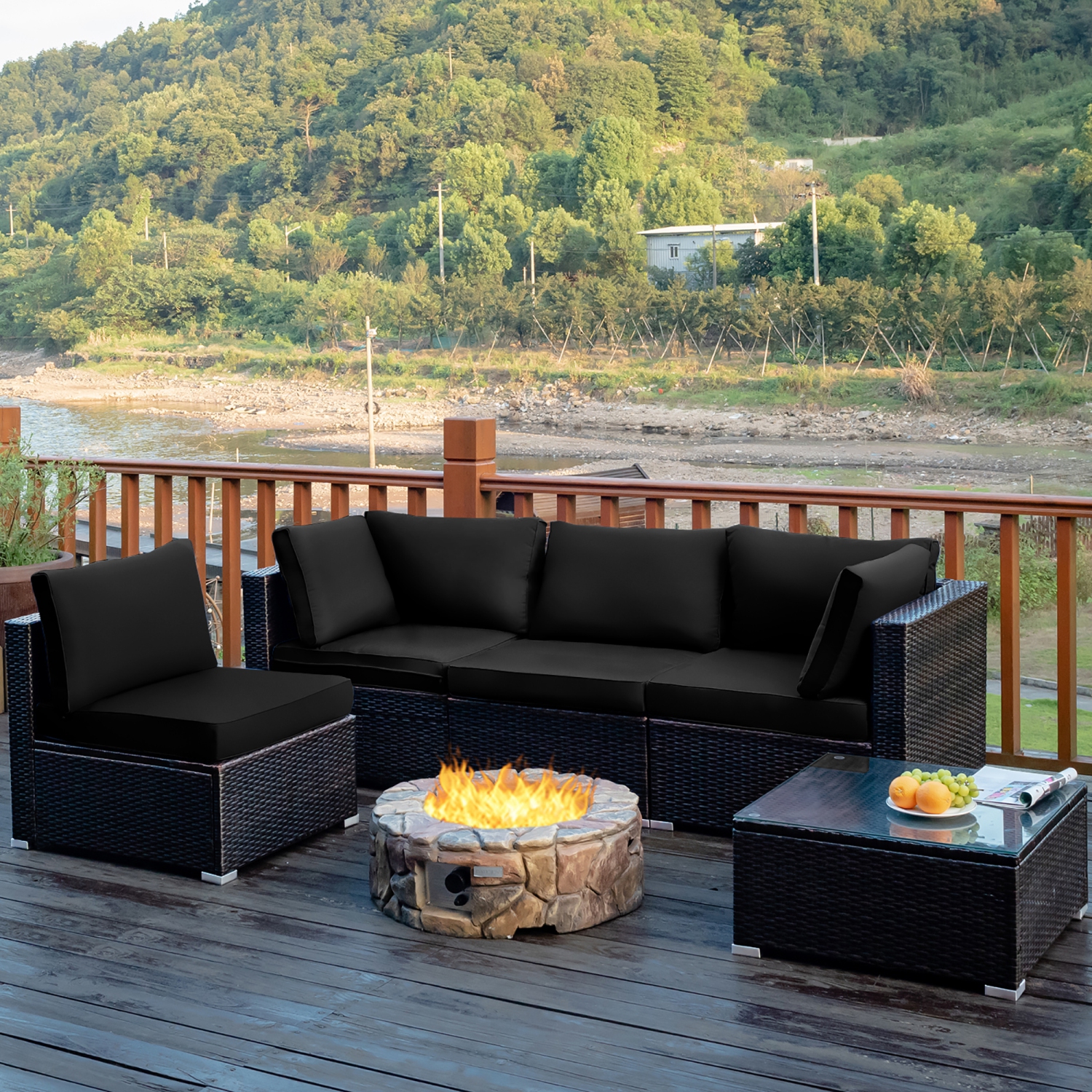 Costway 5PCS Patio Rattan Furniture Set Cushioned Sofa Chair Coffee Table