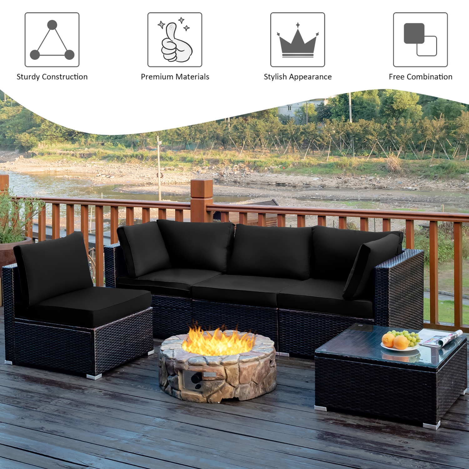 Costway 5PCS Patio Rattan Furniture Set Cushioned Sofa Chair Coffee Table