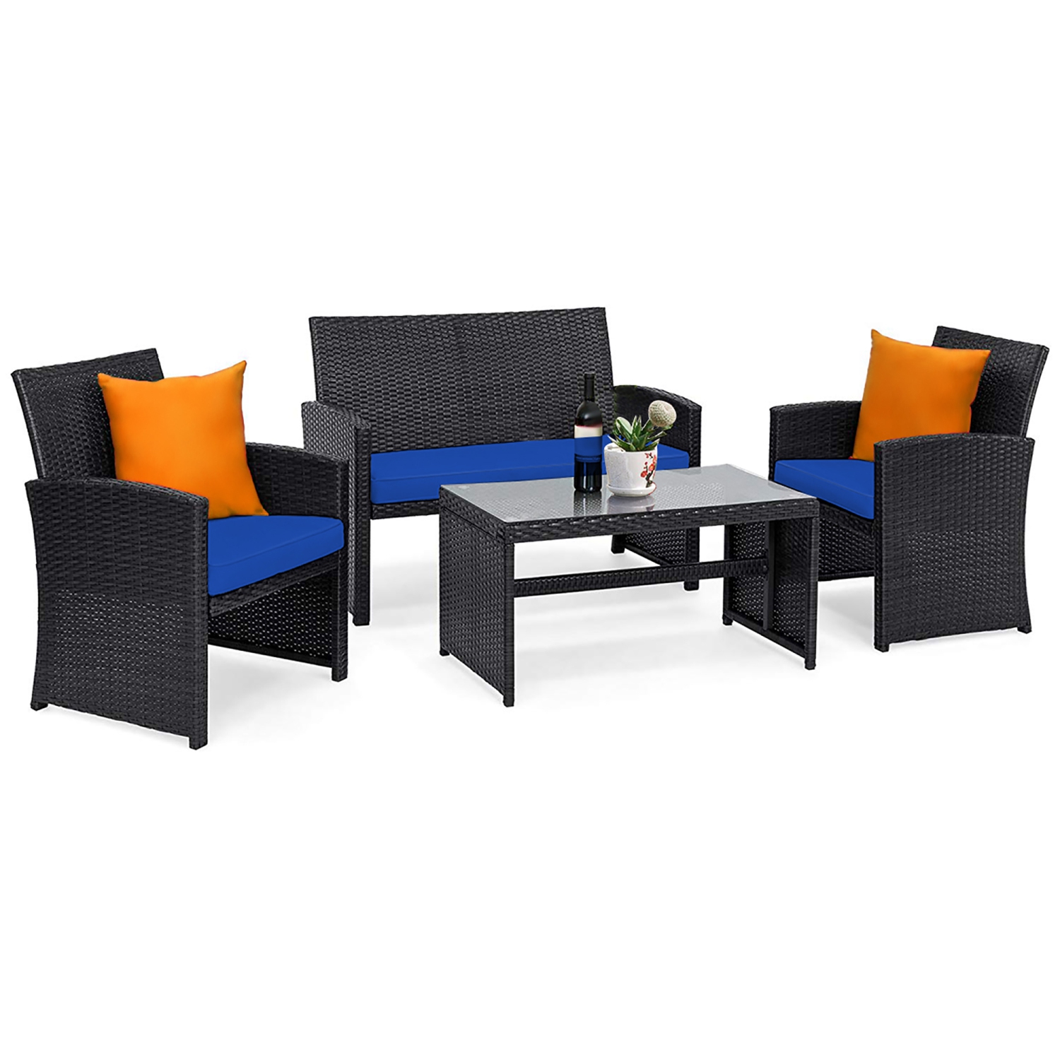 Costway 4PCS Patio Rattan Furniture Conversation Set Cushion Sofa Table Garden Turquoise\Navy