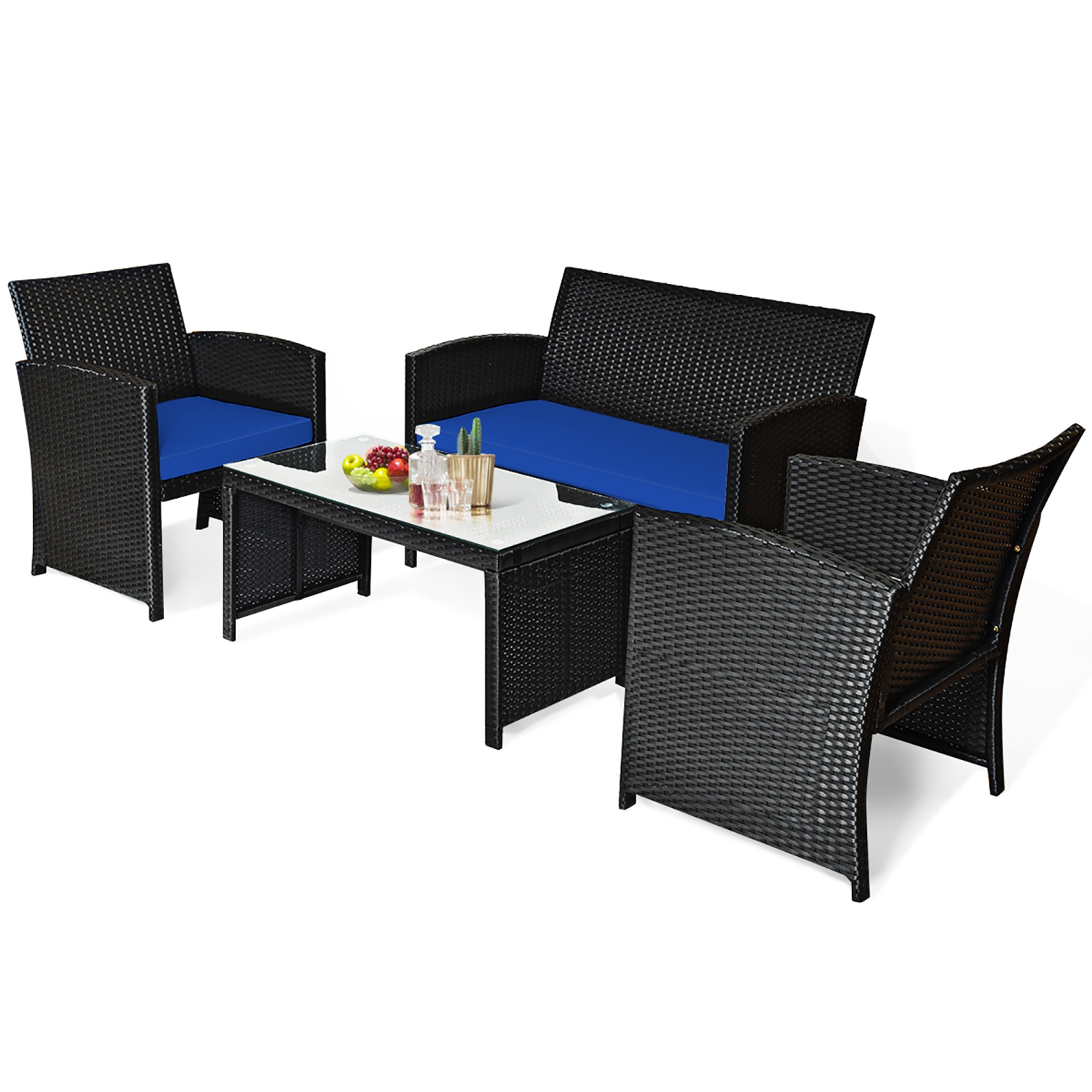 Costway 4PCS Patio Rattan Furniture Conversation Set Cushion Sofa Table Garden Turquoise\Navy