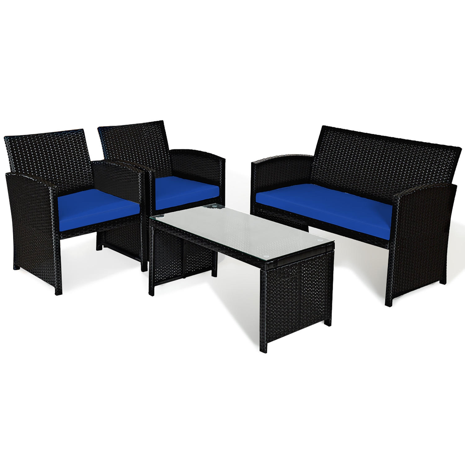 Costway 4PCS Patio Rattan Furniture Conversation Set Cushion Sofa Table Garden Turquoise\Navy