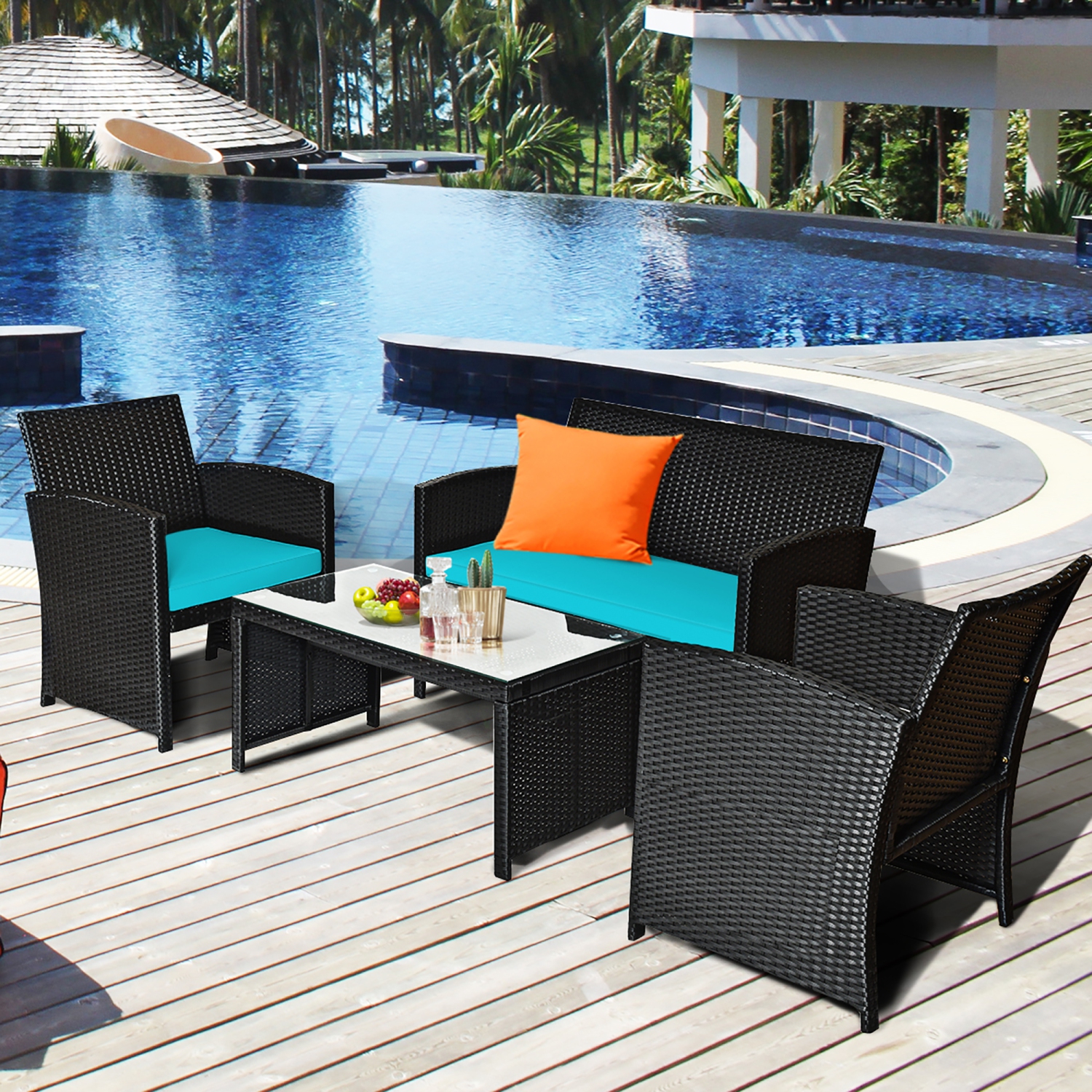 Costway 4PCS Patio Rattan Furniture Conversation Set Cushion Sofa Table Garden