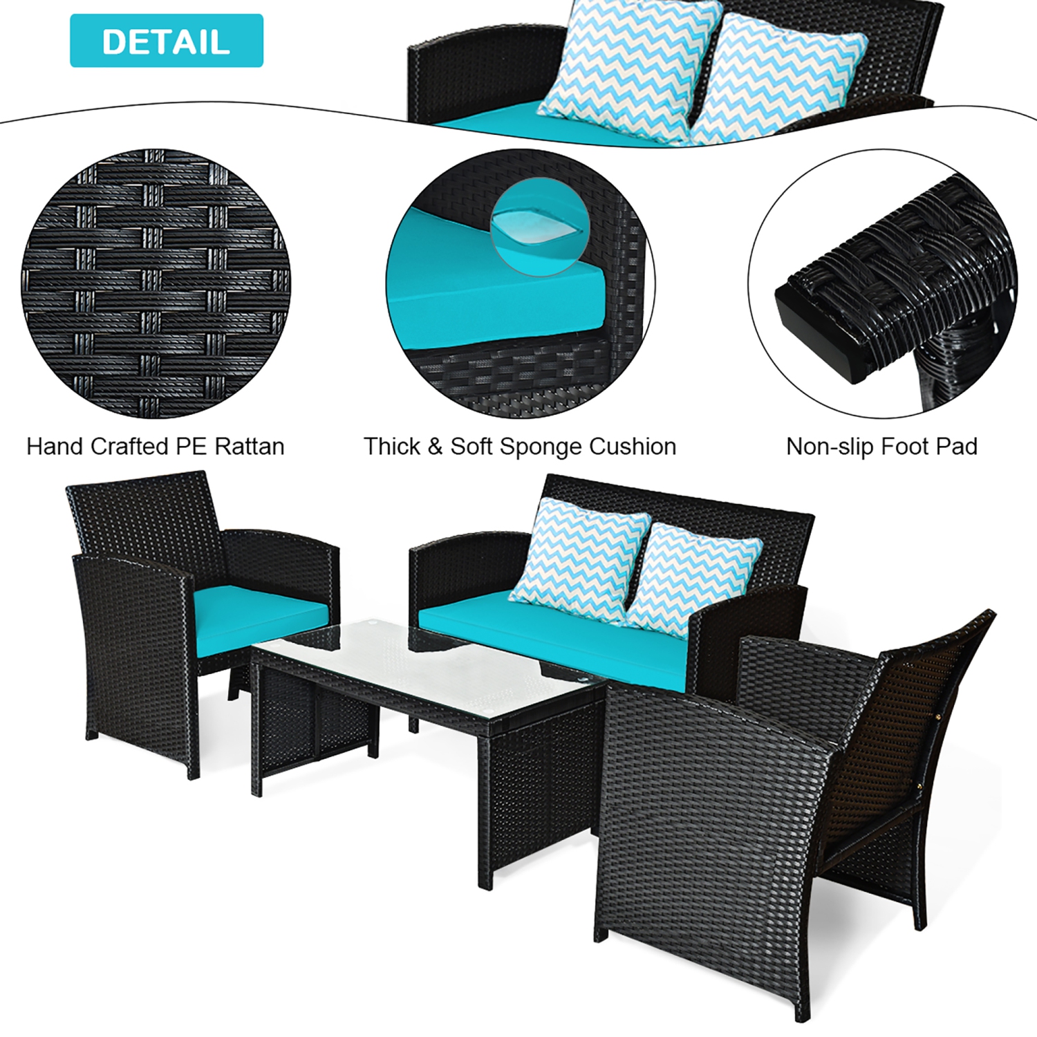 Costway 4PCS Patio Rattan Furniture Conversation Set Cushion Sofa Table Garden