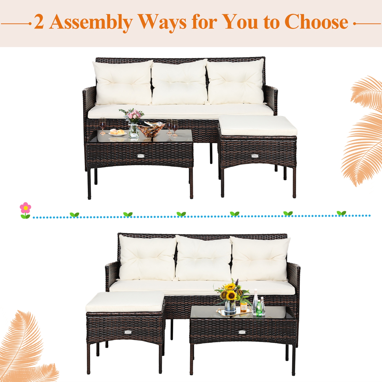 Costway 3PCS Patio Rattan Furniture Set 3-Seat Sofa Cushioned Table Garden