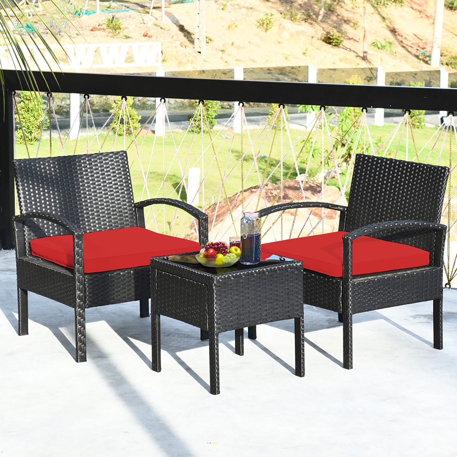 Costway 3PC Patio Rattan Furniture Set Coffee Table Conversation Sofa Cushioned